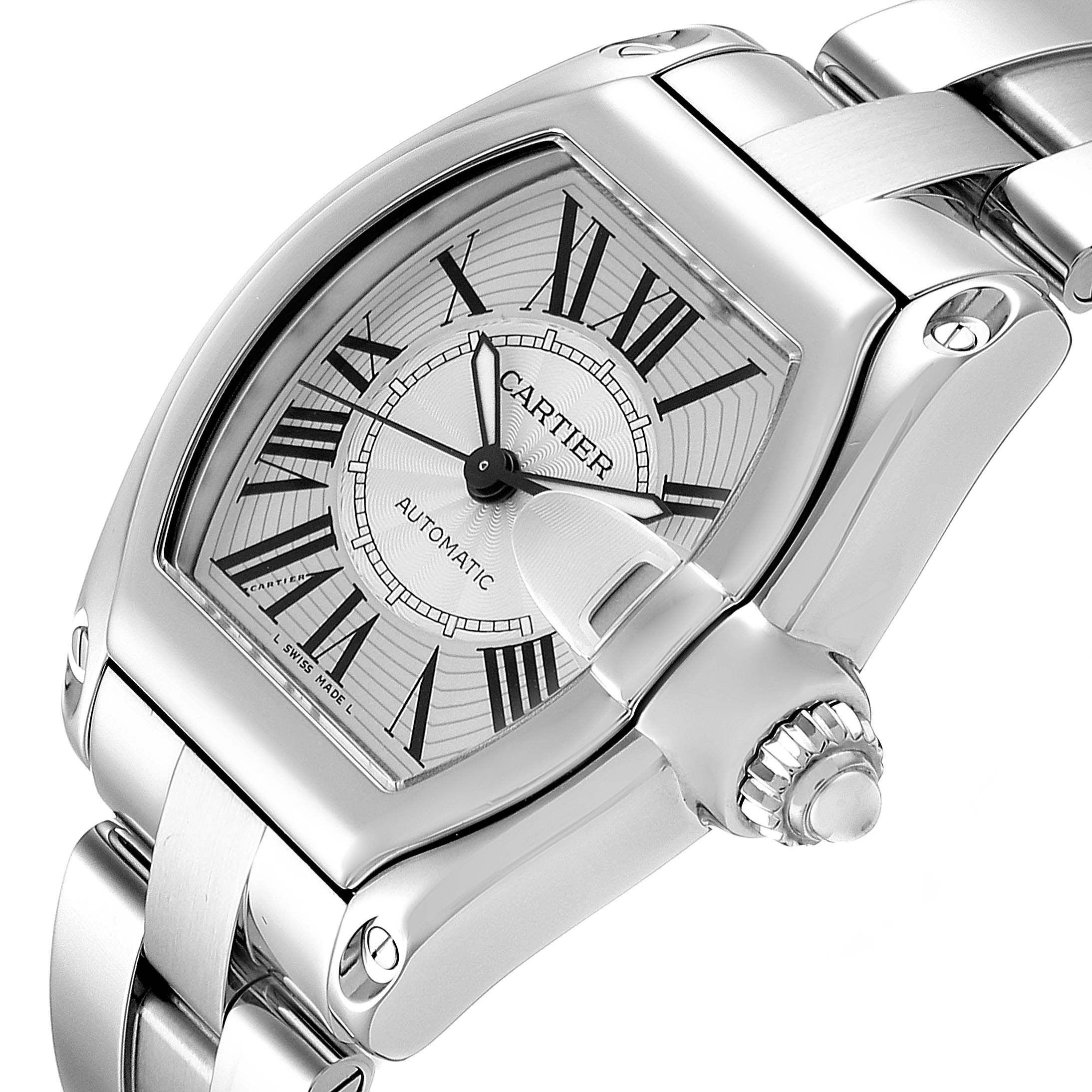 The image shows a close-up of the dial and part of the bracelet of the Cartier Roadster W62025V3 Men
s Stainless Steel Silver Dial W62025V3 Men
s Stainless Steel Silver Dial model watch, viewed from an angled perspective.