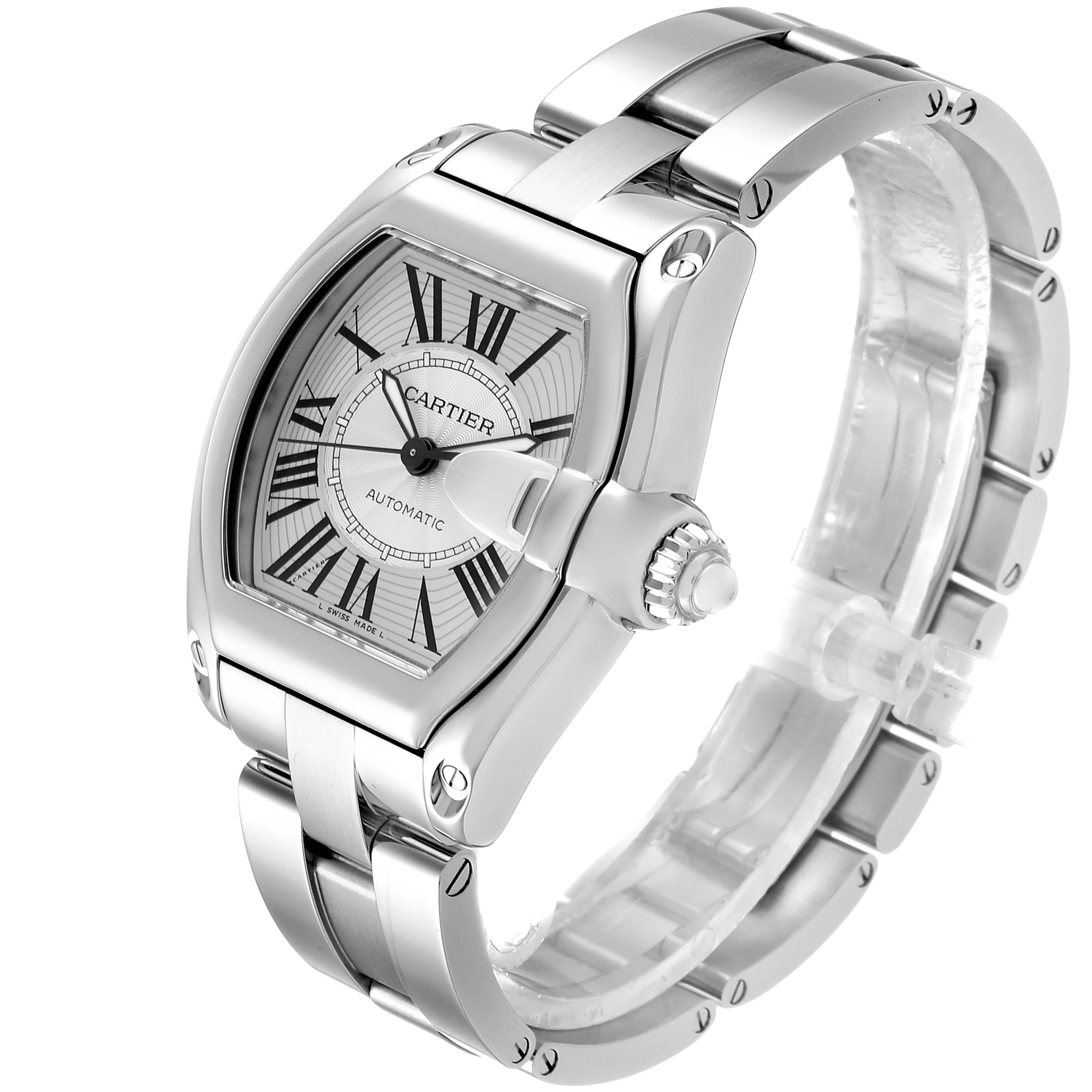 The image shows a Cartier Roadster W62025V3 Men
s Stainless Steel Silver Dial W62025V3 Men
s Stainless Steel Silver Dial watch at a three-quarter angle, displaying the face, bezel, crown, and bracelet.