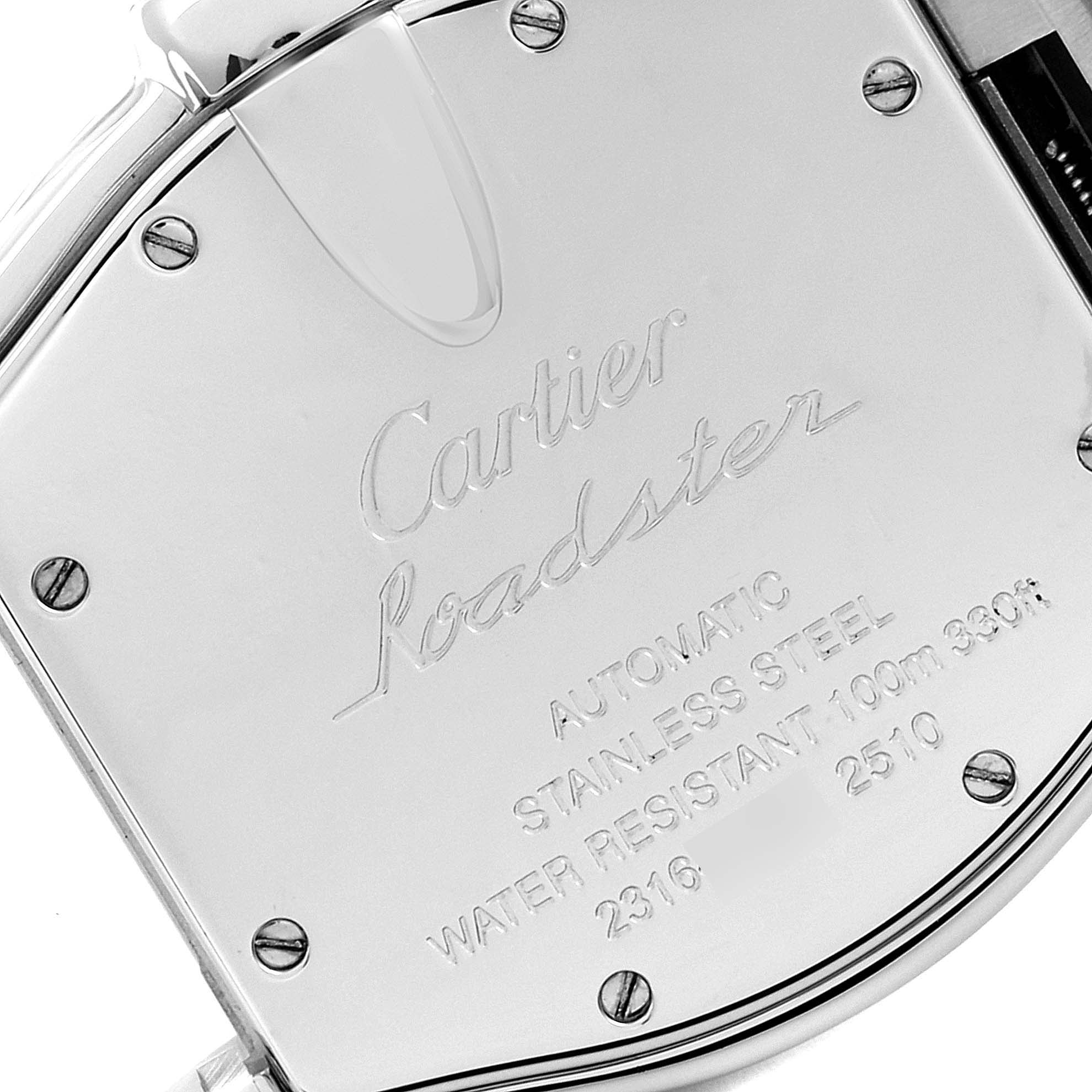 The image shows the back side of a Cartier Roadster W62025V3 Men
s Stainless Steel Silver Dial W62025V3 Men
s Stainless Steel Silver Dial watch, featuring engraved details about the model, material, and water resistance.