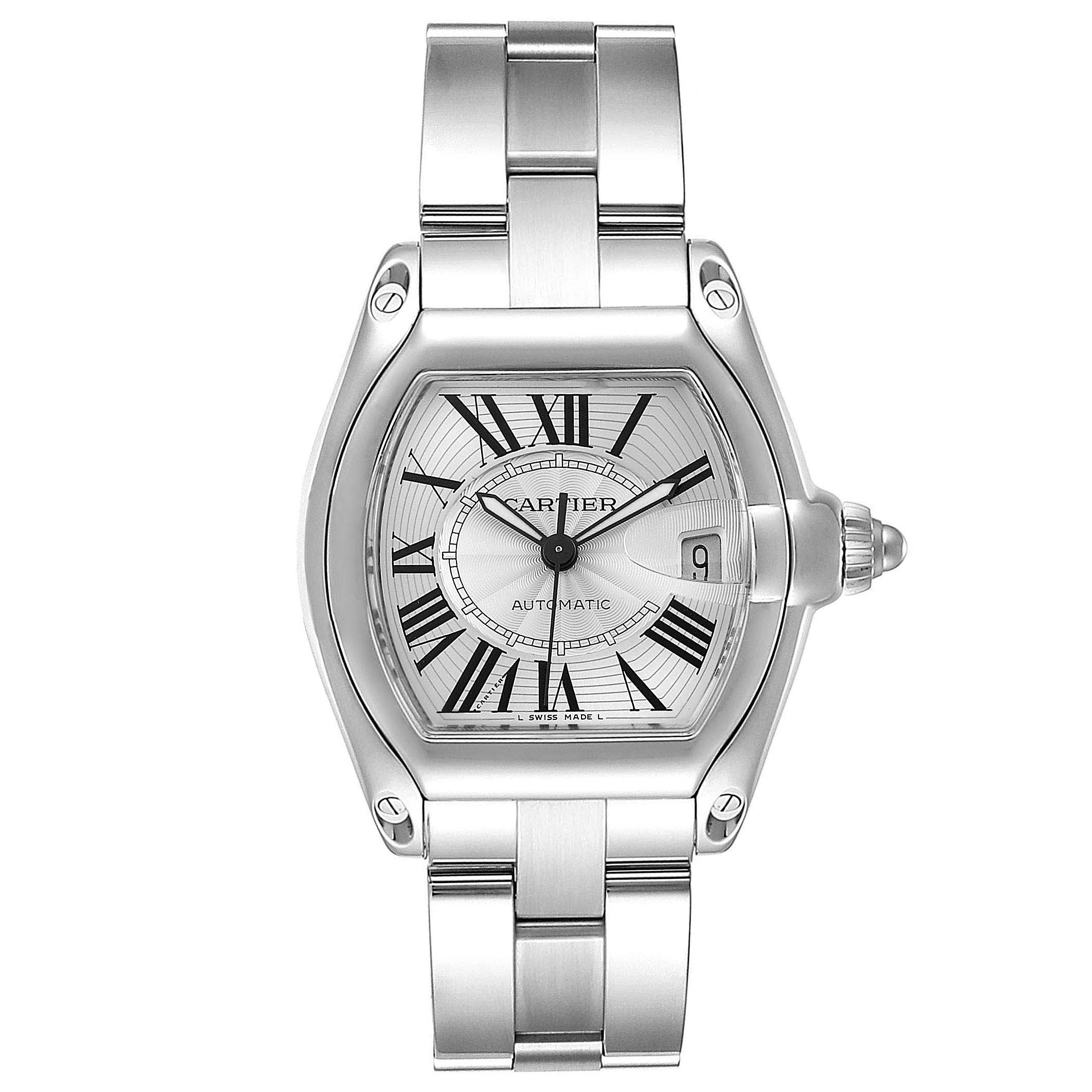 The image shows a front view of the Cartier Roadster W62025V3 Men
s Stainless Steel Silver Dial W62025V3 Men
s Stainless Steel Silver Dial watch, highlighting its dial, hands, date window, and metal bracelet.