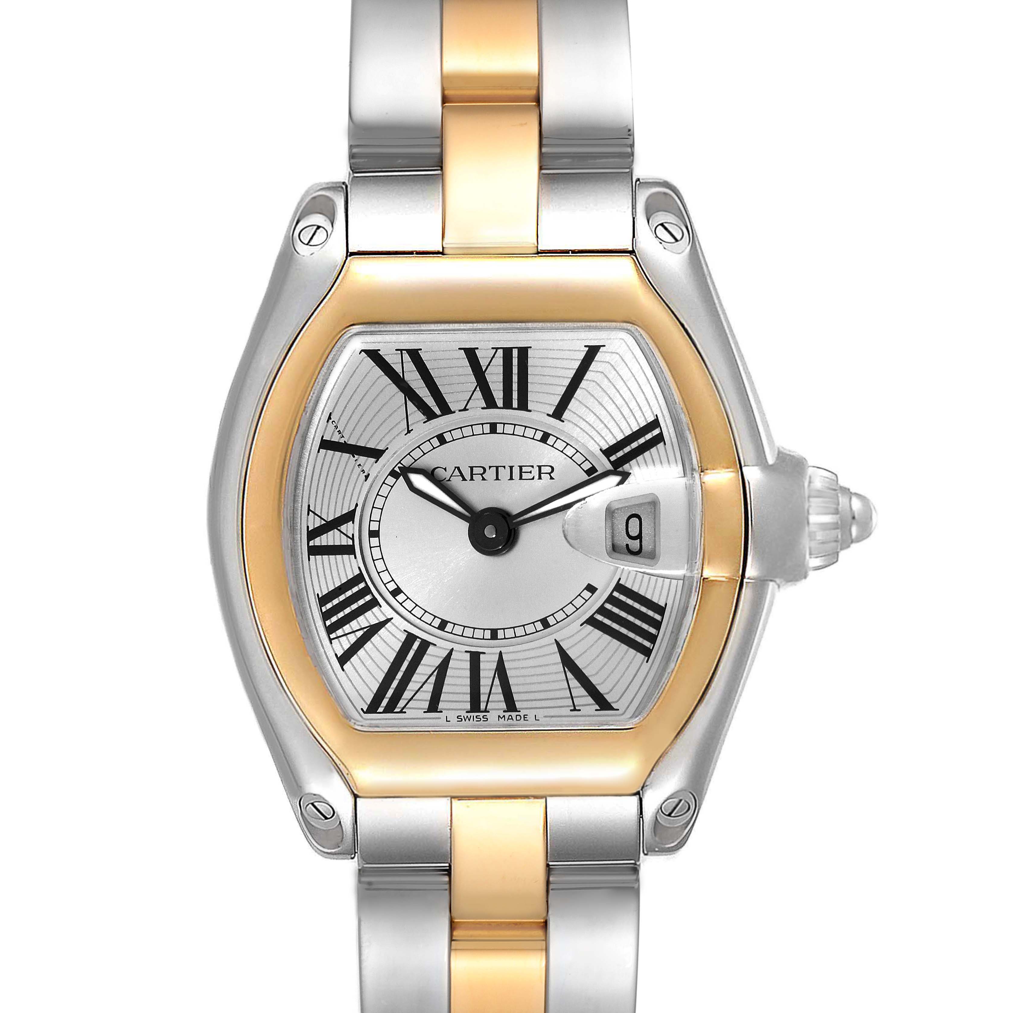 This image shows a frontal view of a Cartier Roadster W62026Y4 Women's Steel and Gold (two tone) Silver Dial W62026Y4 Women's Steel and Gold (two tone) Silver Dial model watch, highlighting its dial and bracelet.