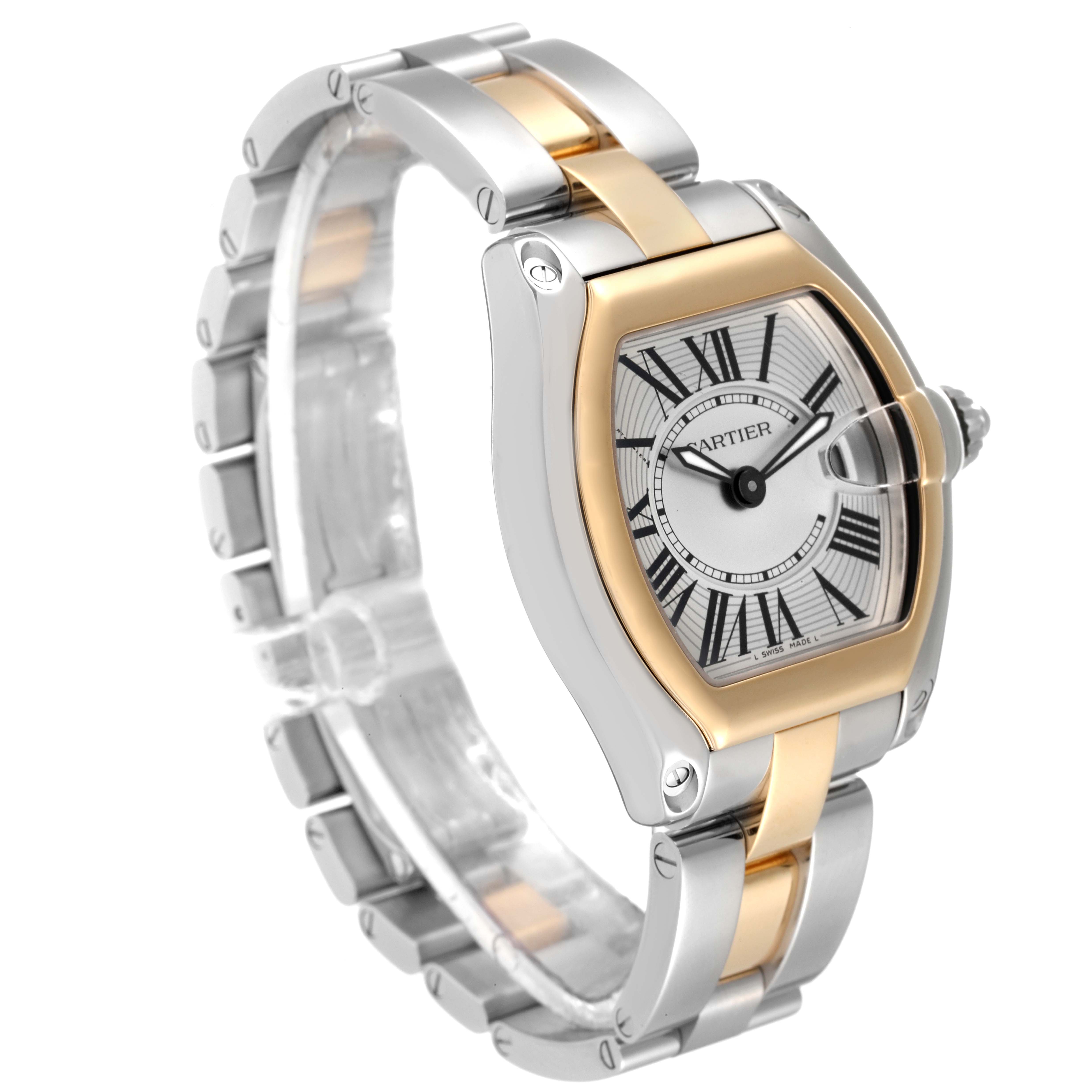 The Cartier Roadster W62026Y4 Women's Steel and Gold (two tone) Silver Dial W62026Y4 Women's Steel and Gold (two tone) Silver Dial watch is shown at a slight angle, displaying the face, bezel, band, and crown.