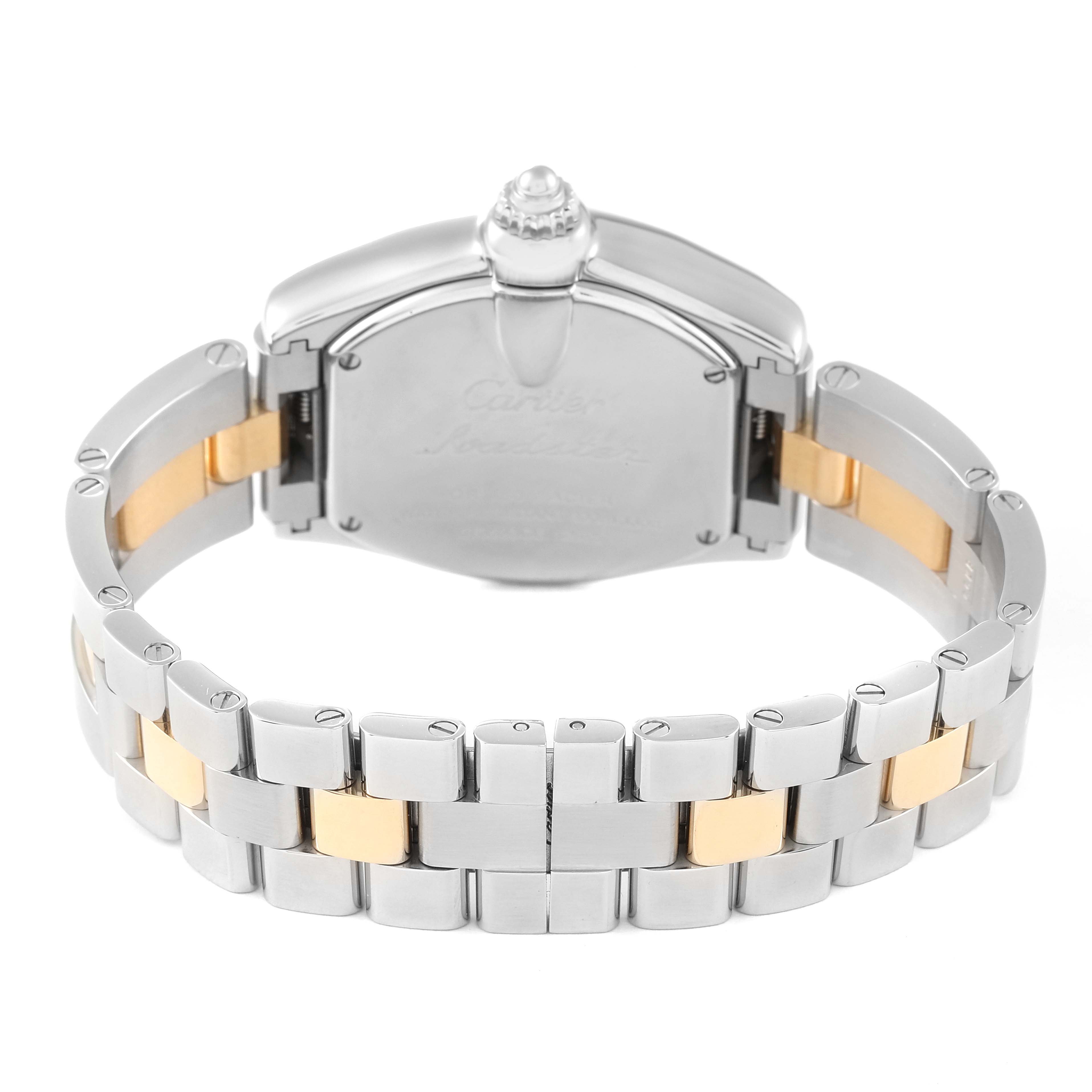 This image shows the back of a Cartier Roadster W62026Y4 Women's Steel and Gold (two tone) Silver Dial W62026Y4 Women's Steel and Gold (two tone) Silver Dial watch, highlighting its bracelet and clasp.