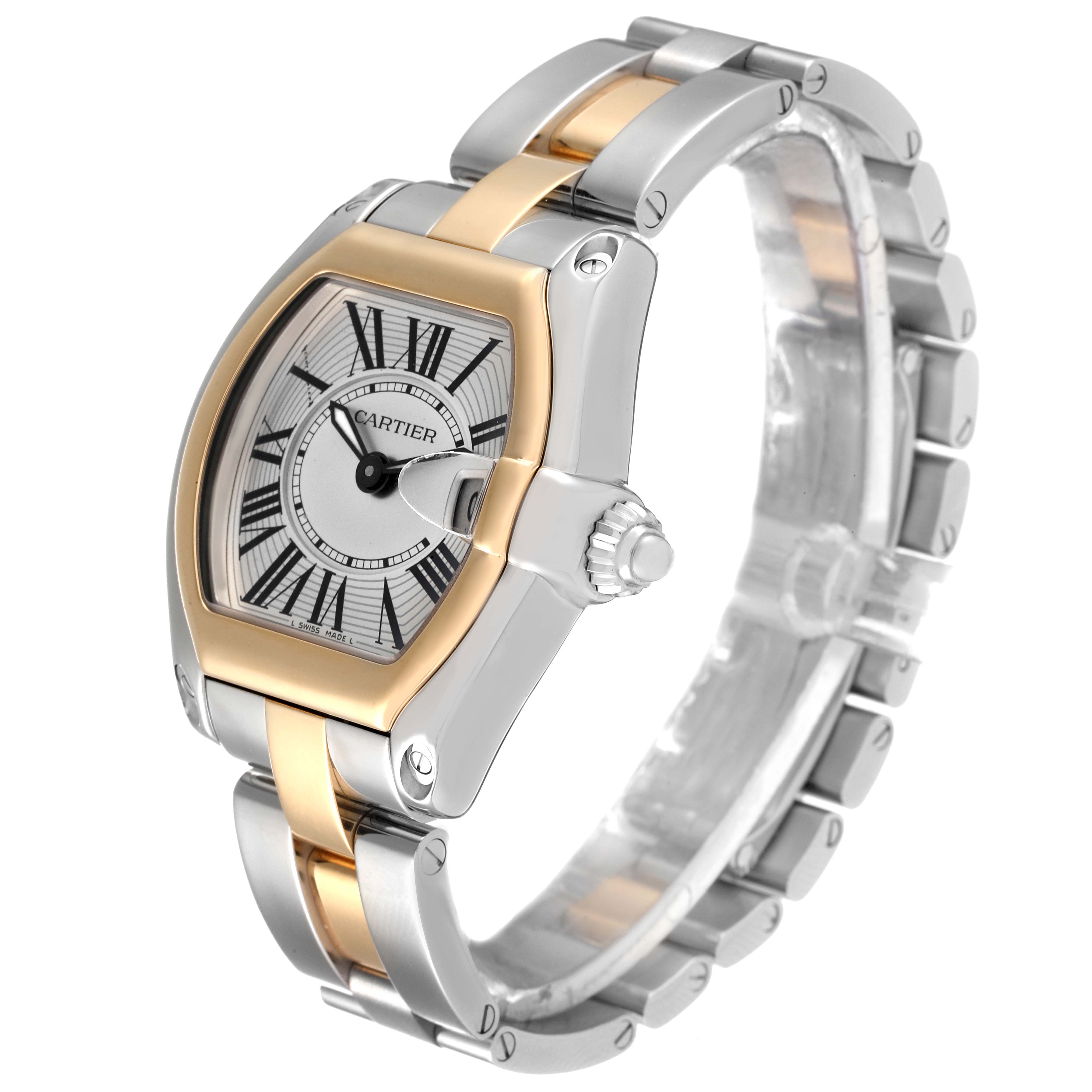 The Cartier Roadster W62026Y4 Women's Steel and Gold (two tone) Silver Dial W62026Y4 Women's Steel and Gold (two tone) Silver Dial watch is shown at an angled view, displaying the dial, bezel, and bracelet with a combination of silver and gold tones.
