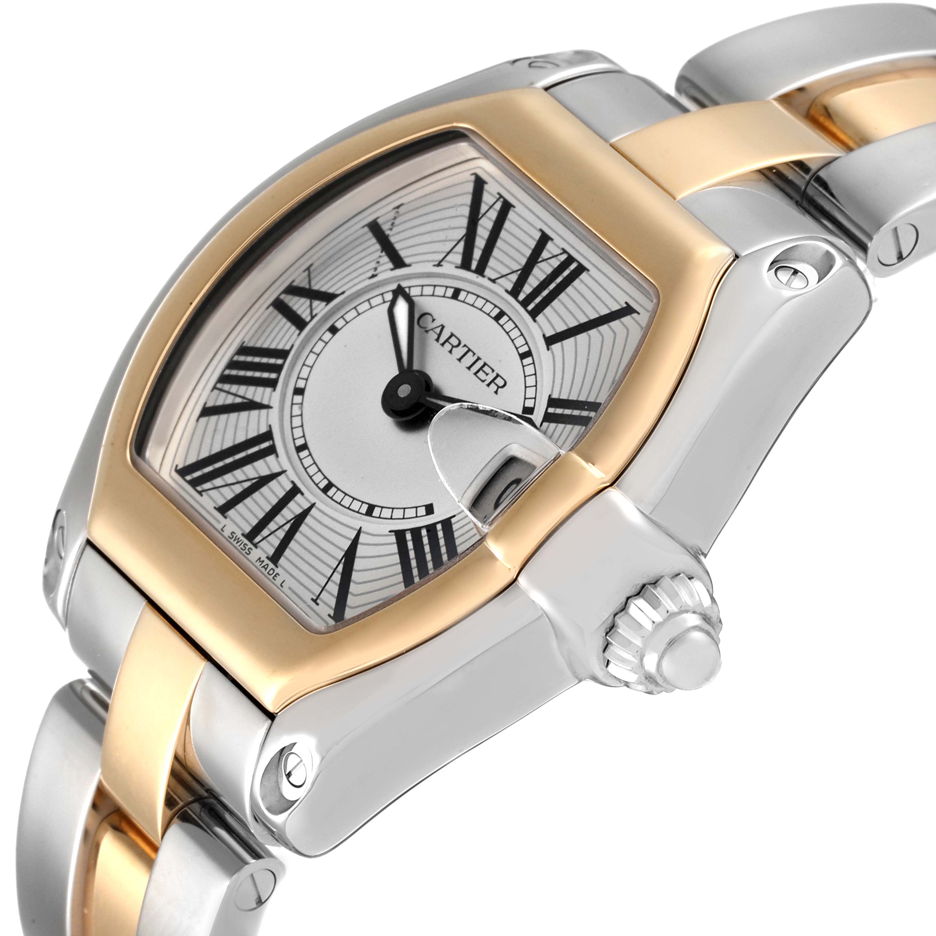 The image shows a side angle of a Cartier Roadster W62026Y4 Women's Steel and Gold (two tone) Silver Dial W62026Y4 Women's Steel and Gold (two tone) Silver Dial watch featuring its dial, crown, and part of the bracelet.