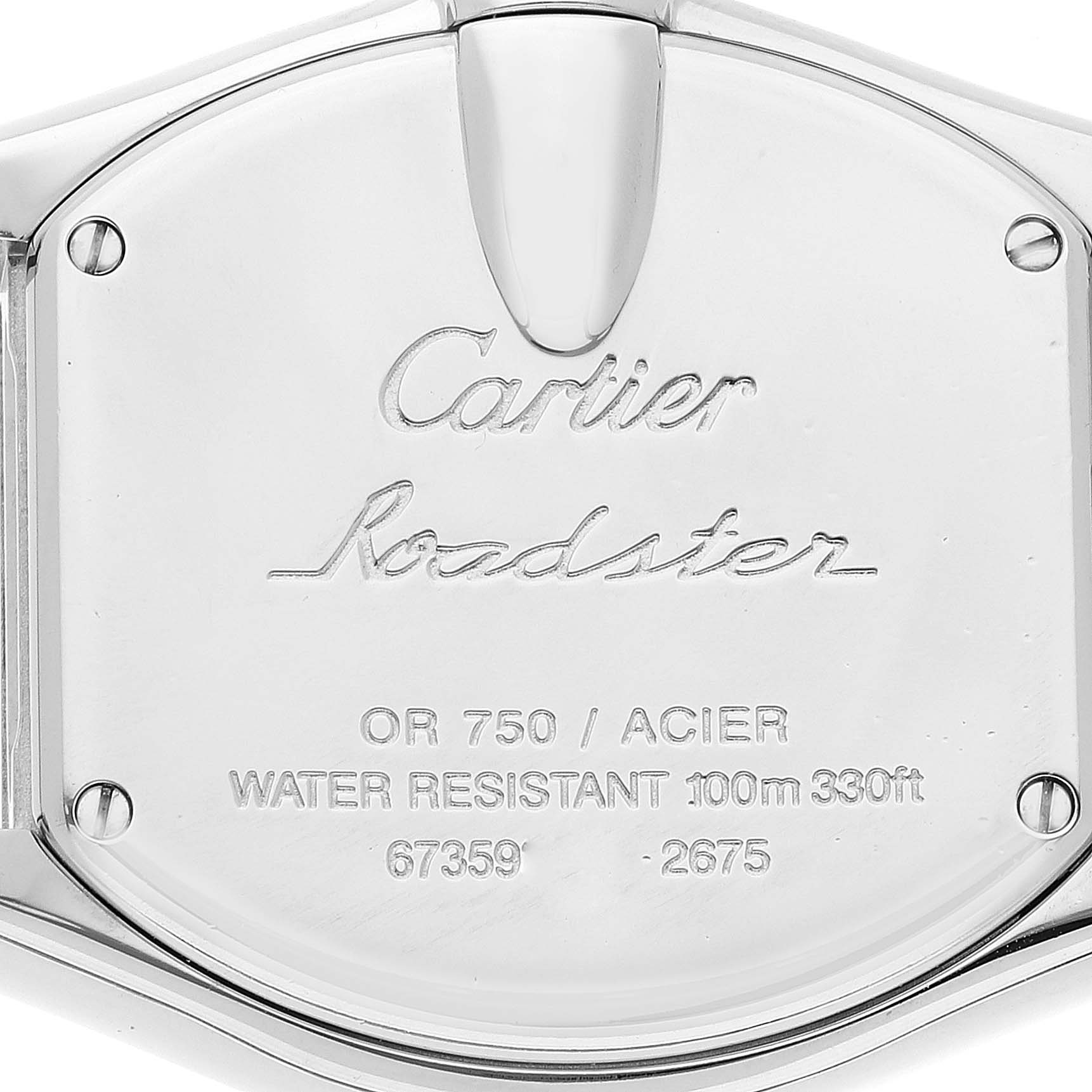 This image shows the back case of the Cartier Roadster W62026Y4 Women's Steel and Gold (two tone) Silver Dial W62026Y4 Women's Steel and Gold (two tone) Silver Dial watch, highlighting brand and model engravings.