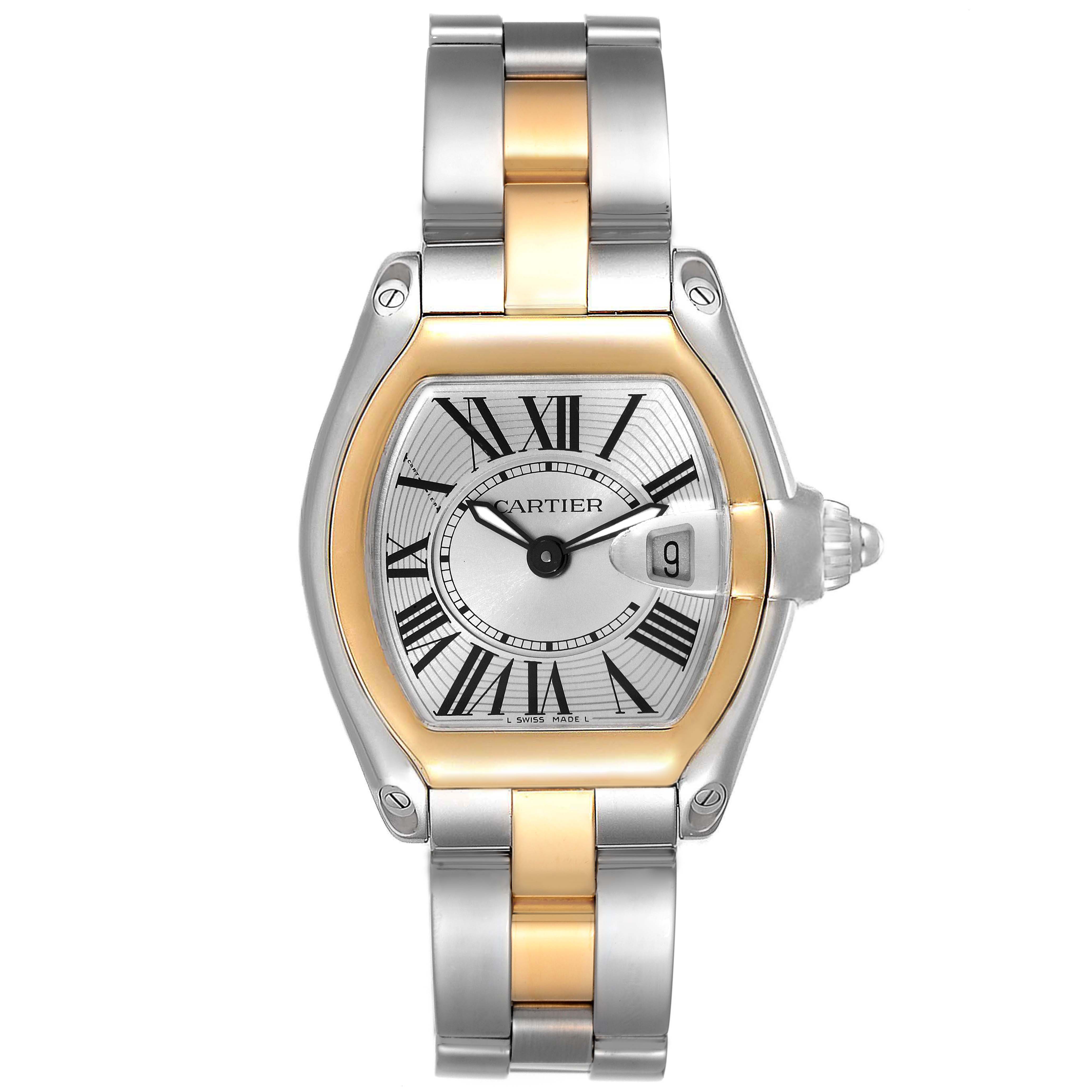 The image shows a front view of the Cartier Roadster W62026Y4 Women's Steel and Gold (two tone) Silver Dial W62026Y4 Women's Steel and Gold (two tone) Silver Dial watch, highlighting its dial, casing, and part of the bracelet.