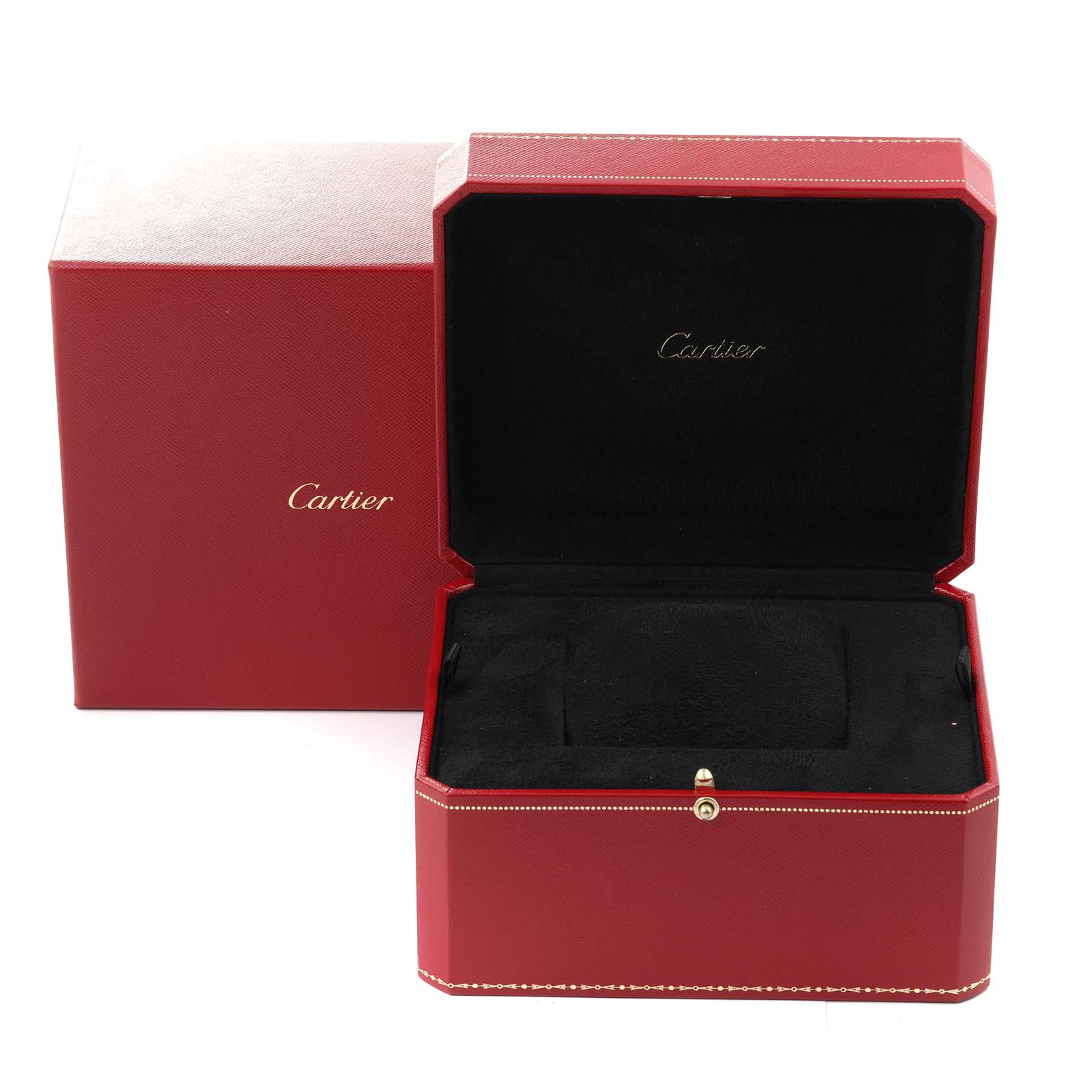 The image shows an open red Cartier box, typically used for holding the Roadster model watch.
