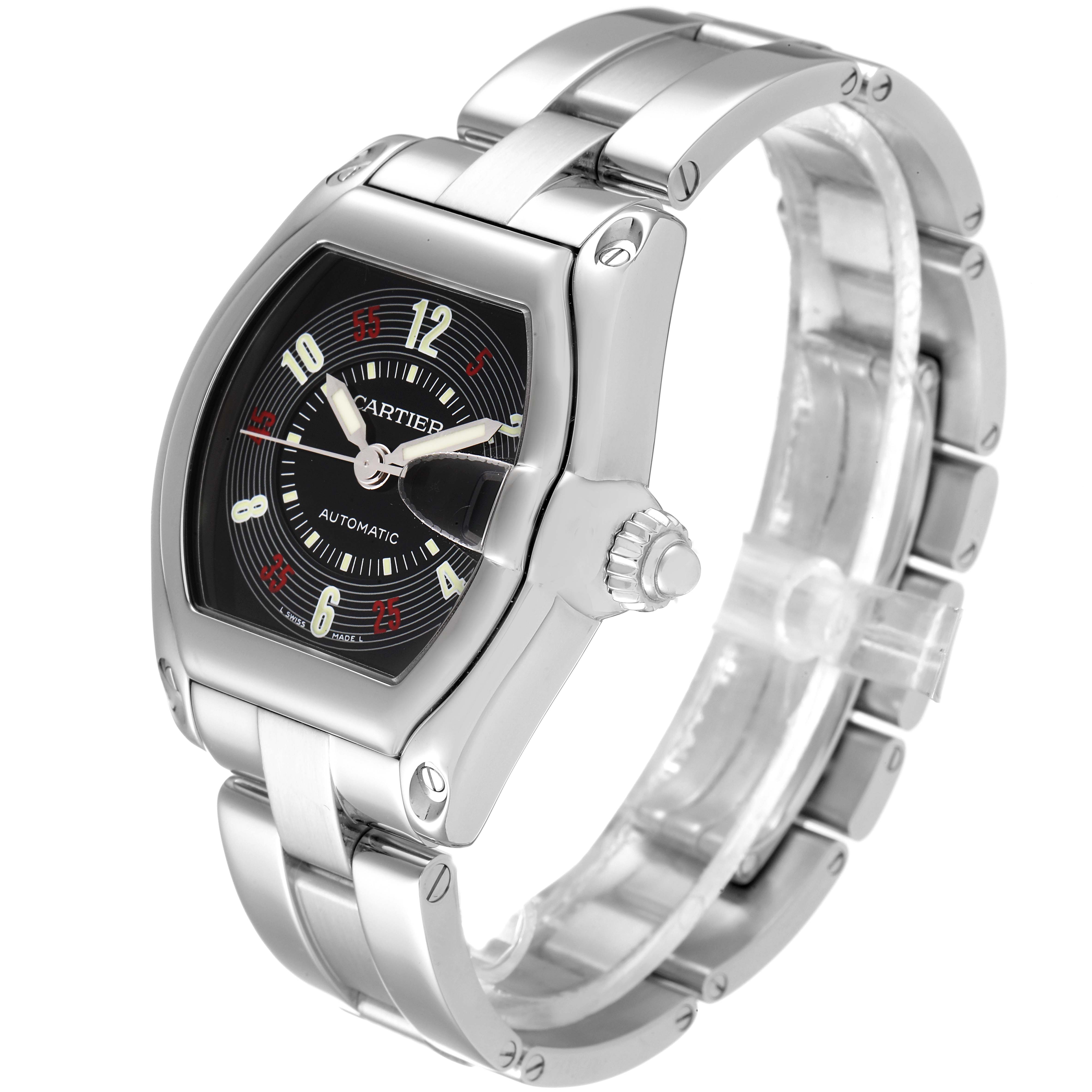 The Cartier Roadster W62002V3 Men's Stainless Steel Black Dial W62002V3 Men's Stainless Steel Black Dial watch is shown at an angled view, displaying the face, case, crown, and bracelet.