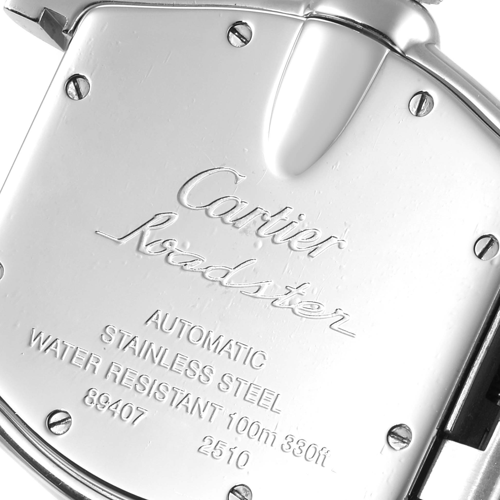 The image shows the back casing of a Cartier Roadster W62002V3 Men's Stainless Steel Black Dial W62002V3 Men's Stainless Steel Black Dial watch.