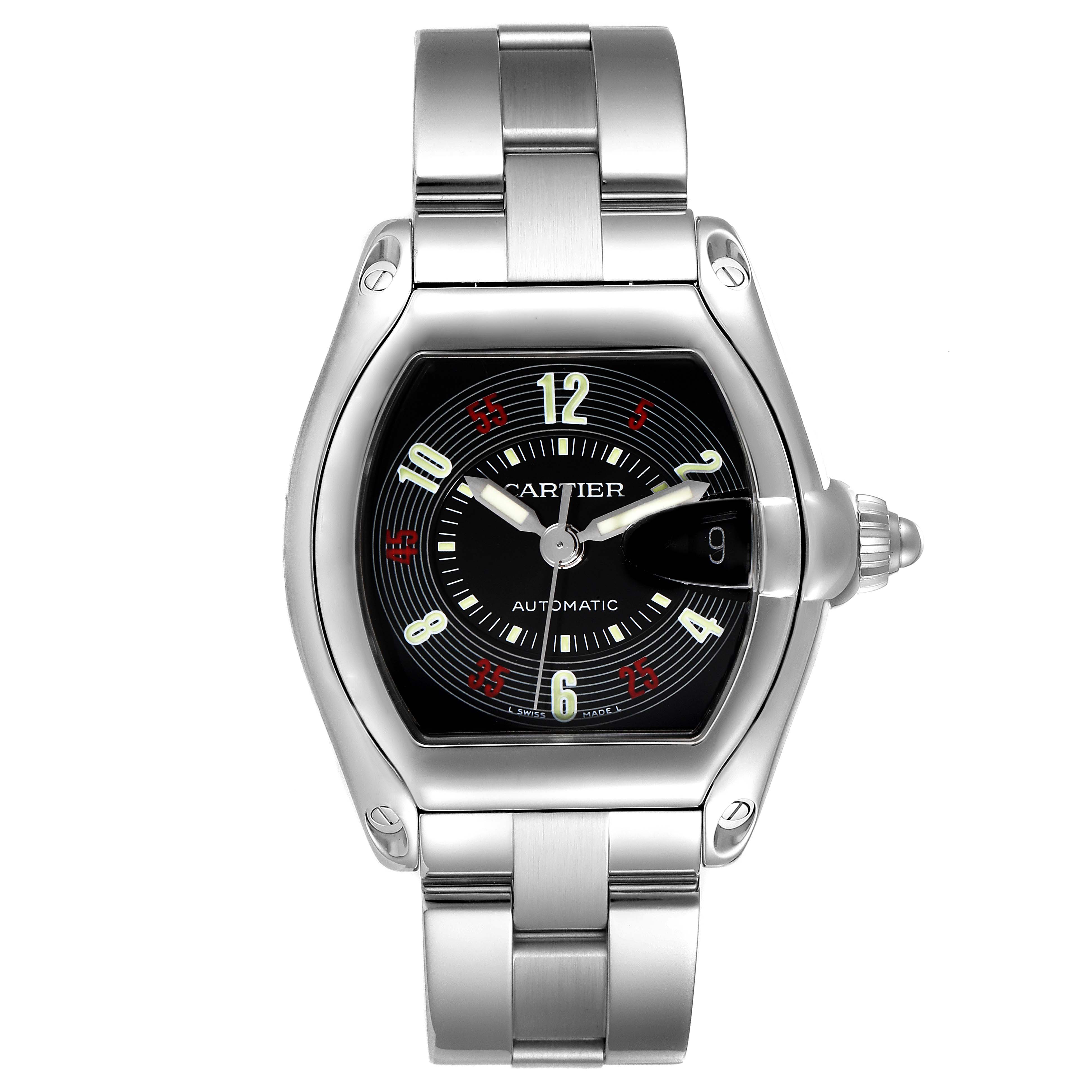 This is a head-on view of the Cartier Roadster W62002V3 Men's Stainless Steel Black Dial W62002V3 Men's Stainless Steel Black Dial watch, showing its face, bezel, and bracelet.