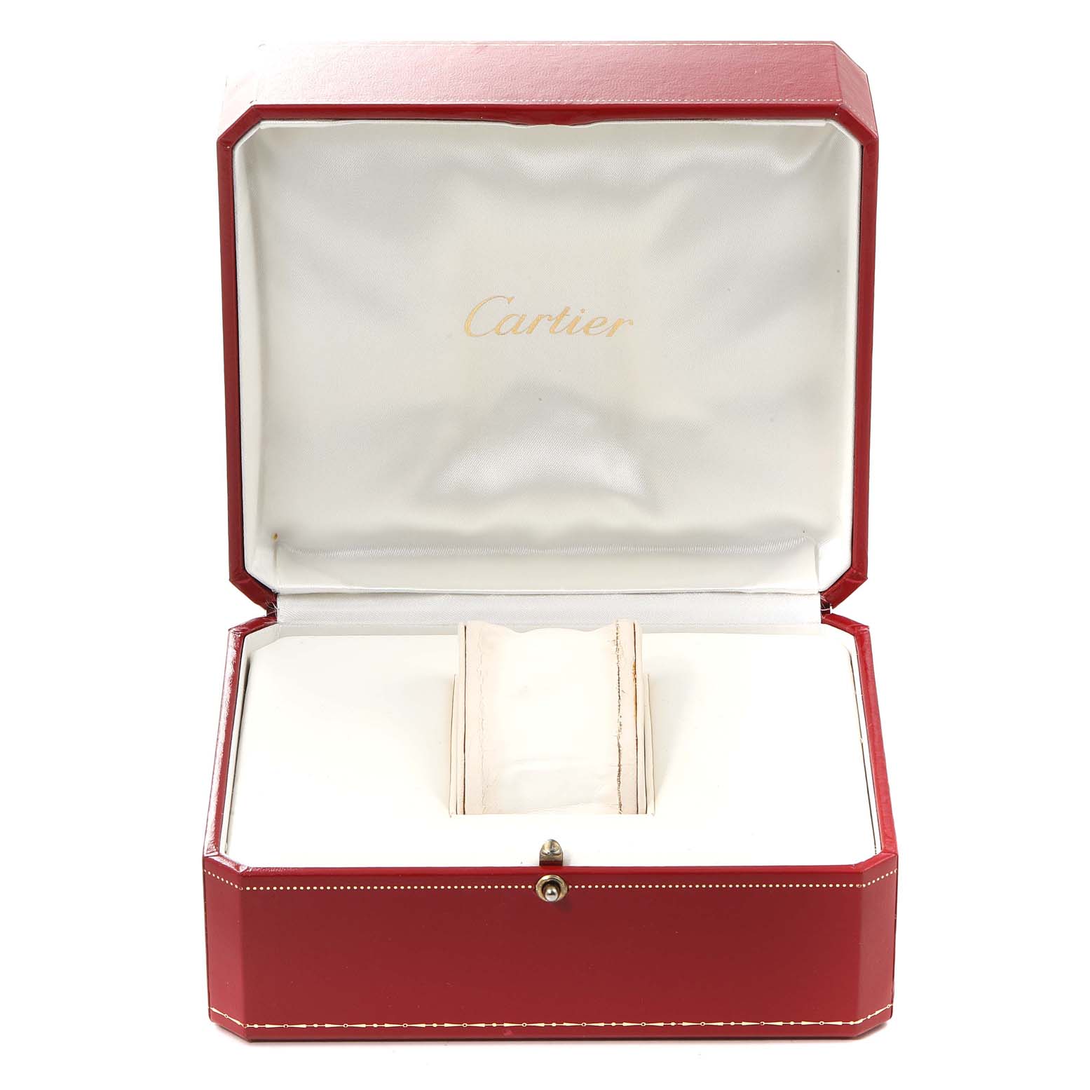 The image shows an open Cartier box for the Roadster model watch, displaying the interior cushioning but no watch.