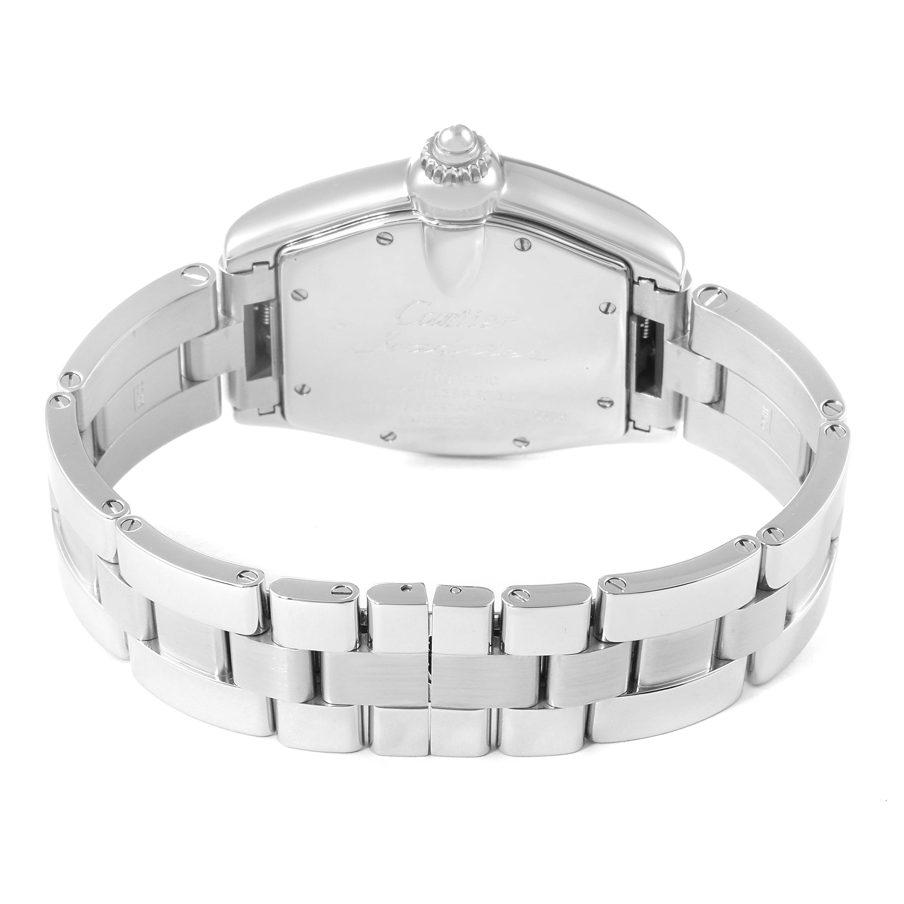 The image shows the backside and bracelet of a Cartier Roadster W62002V3 Men's Stainless Steel Black Dial W62002V3 Men's Stainless Steel Black Dial watch, highlighting its metal links and clasp.