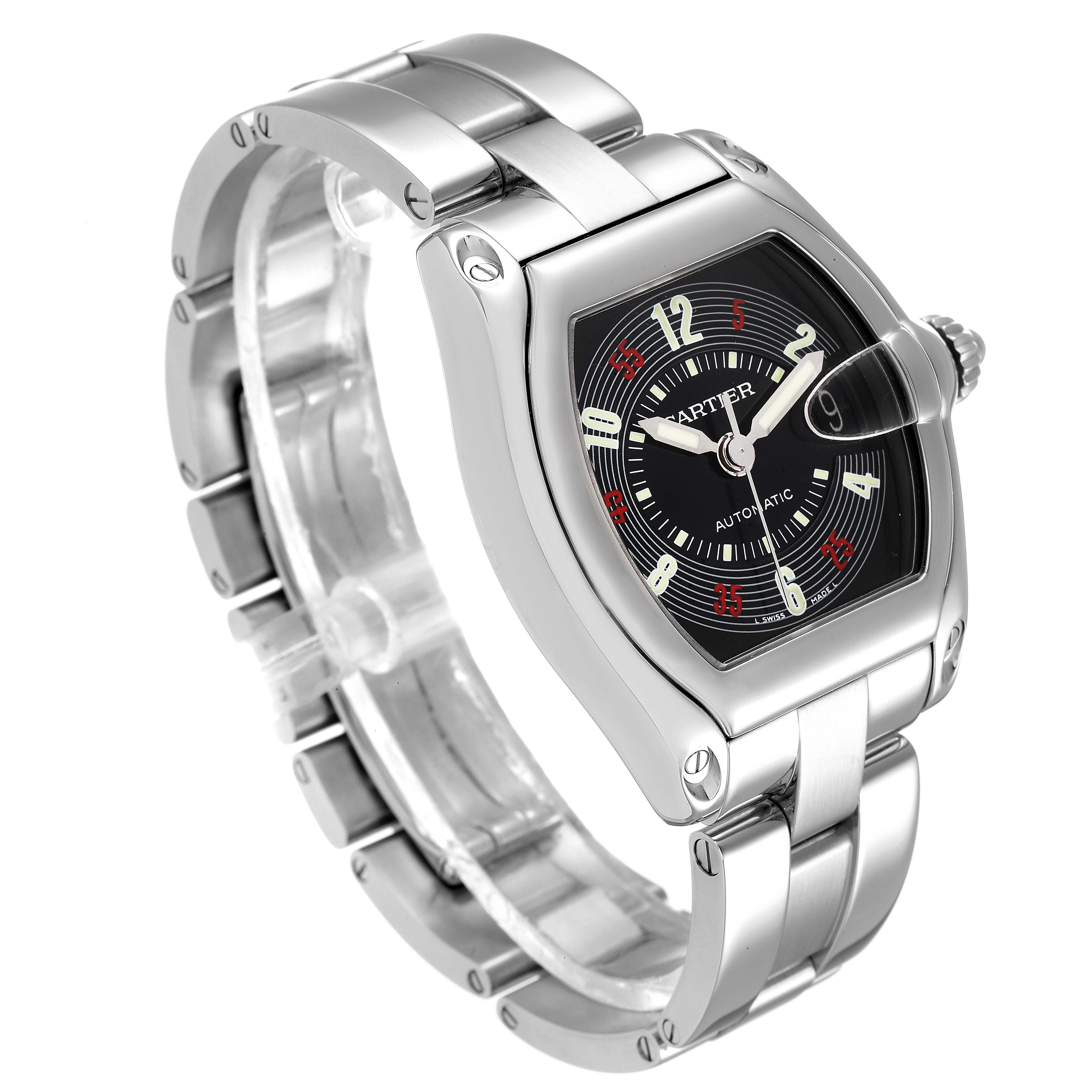 This image shows a Cartier Roadster W62002V3 Men's Stainless Steel Black Dial W62002V3 Men's Stainless Steel Black Dial watch at a three-quarter angle, highlighting the dial, bracelet, and crown.