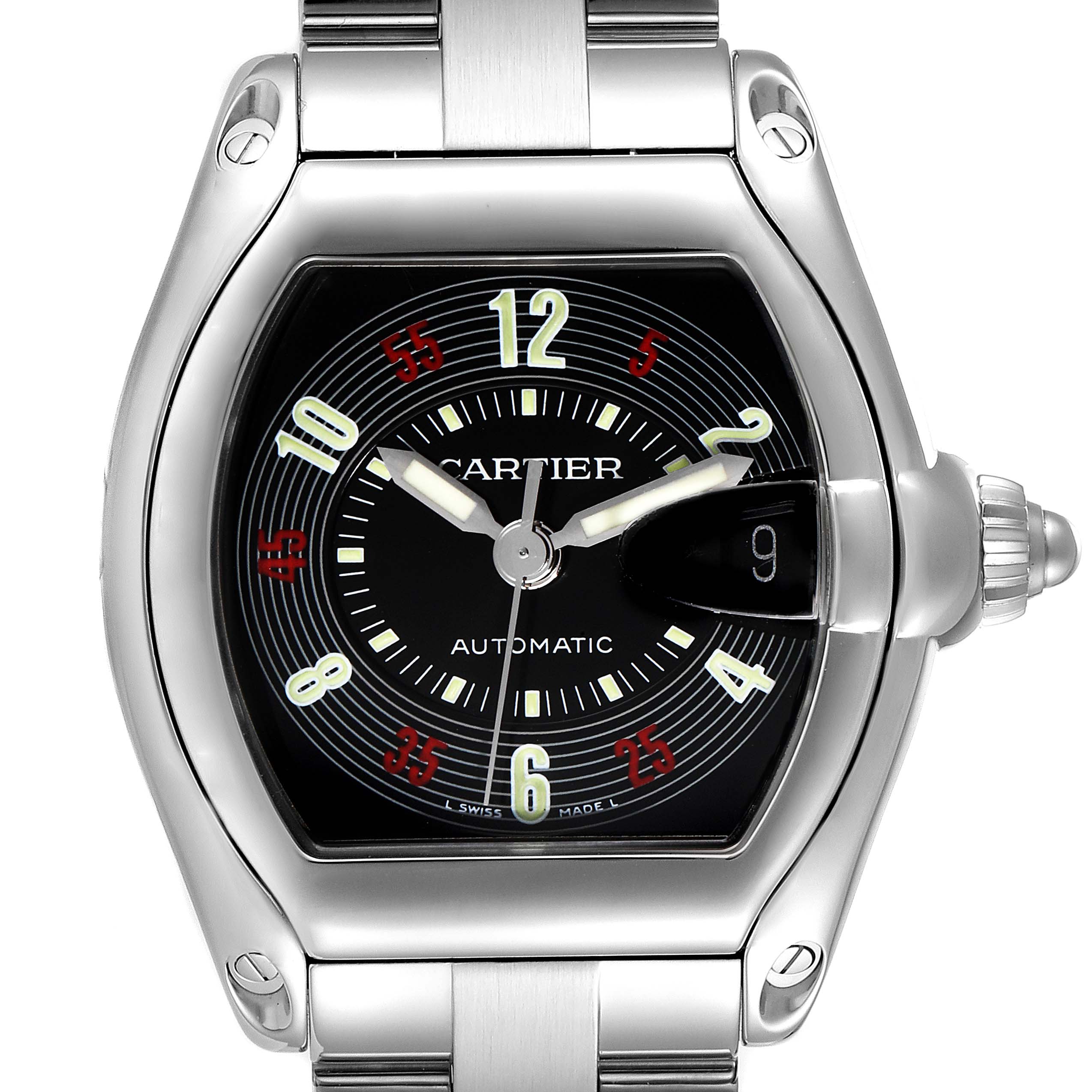 This image shows a front view of the Cartier Roadster W62002V3 Men's Stainless Steel Black Dial W62002V3 Men's Stainless Steel Black Dial watch, highlighting its dial, numeral markers, hands, and part of the bracelet.