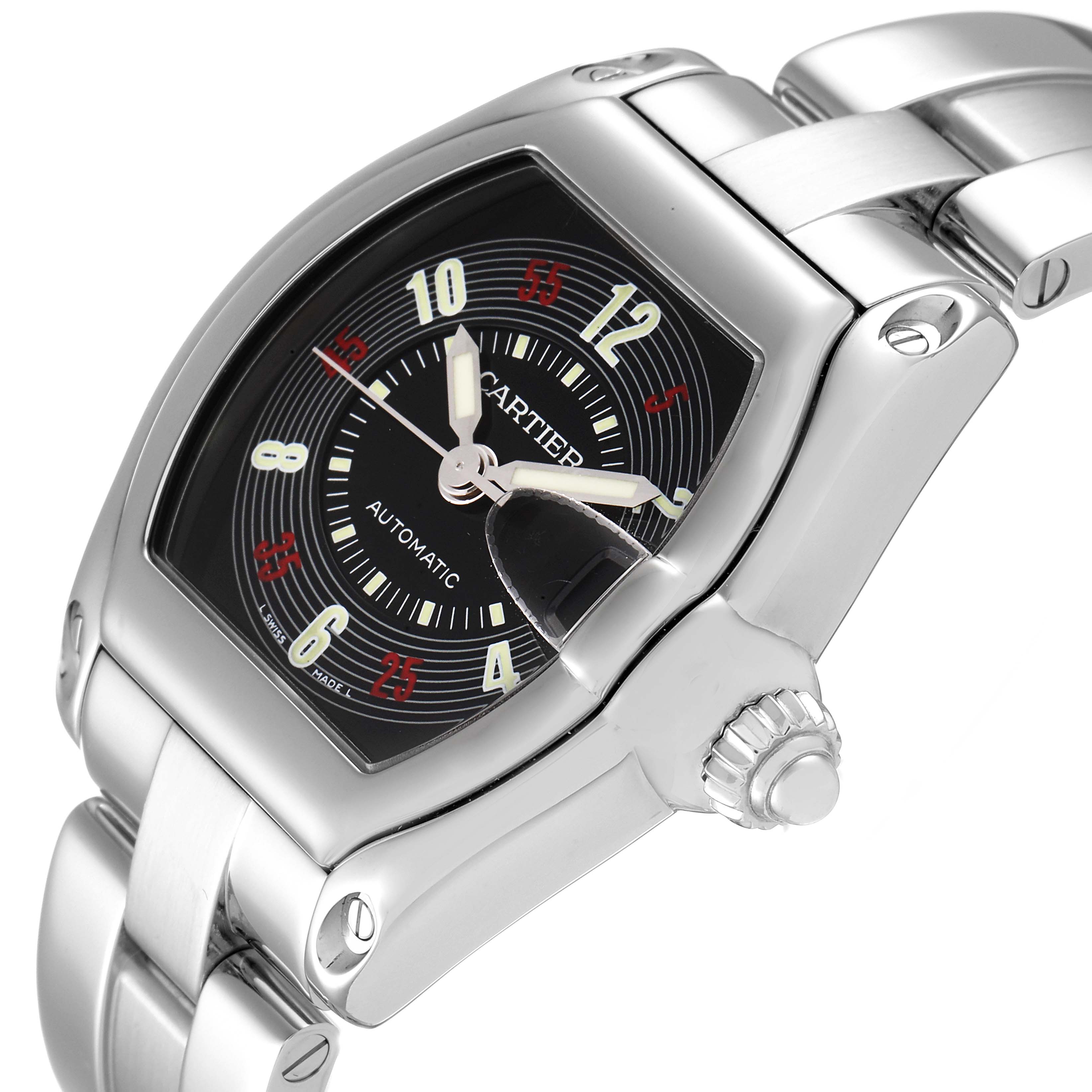 The image shows a close-up view of the Cartier Roadster W62002V3 Men's Stainless Steel Black Dial W62002V3 Men's Stainless Steel Black Dial watch face, crown, and part of the stainless steel bracelet.