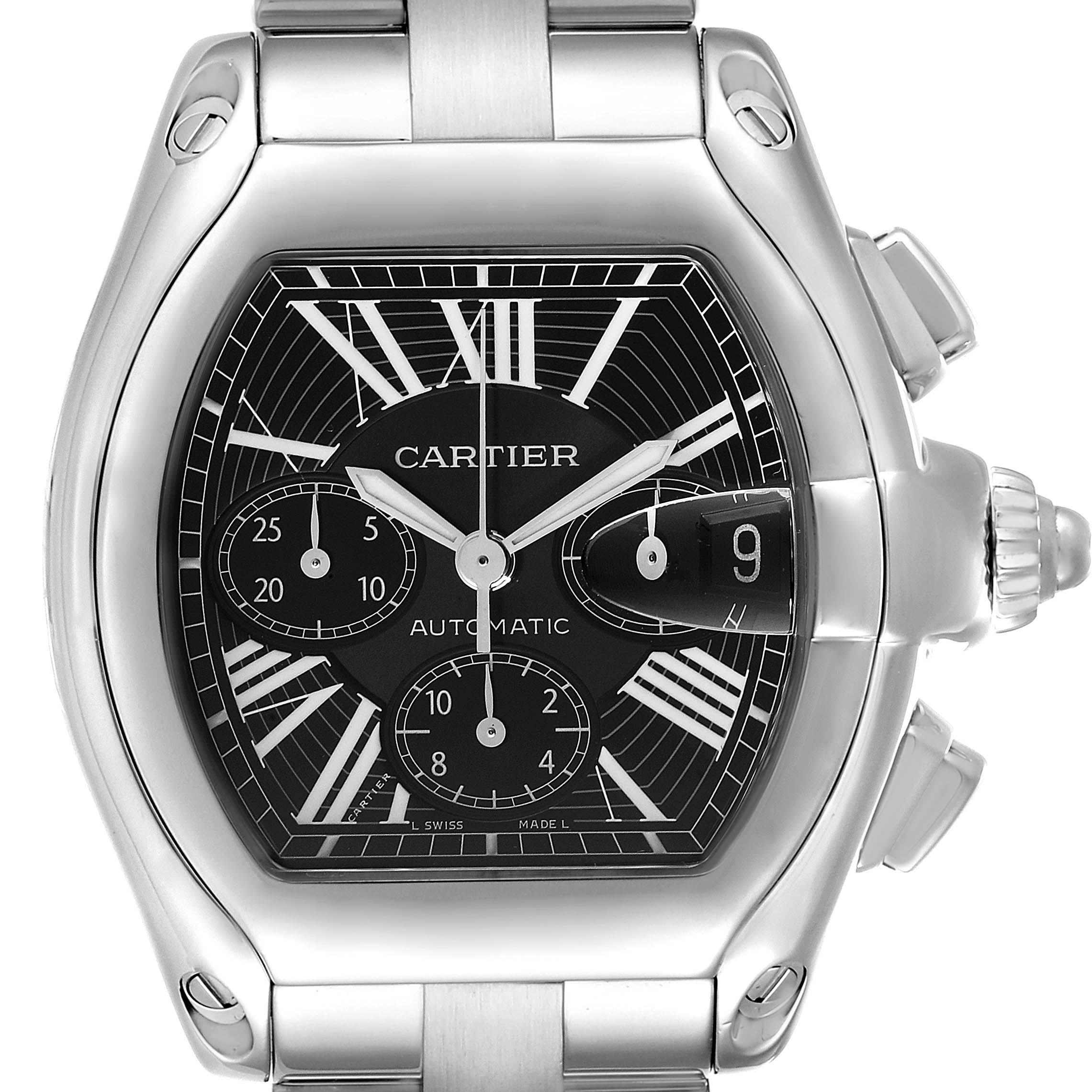 The Cartier Roadster W62020X6 Men's Stainless Steel Black Dial W62020X6 Men's Stainless Steel Black Dial watch is shown from a front angle, displaying its face, dials, numbering, and part of its stainless steel band.