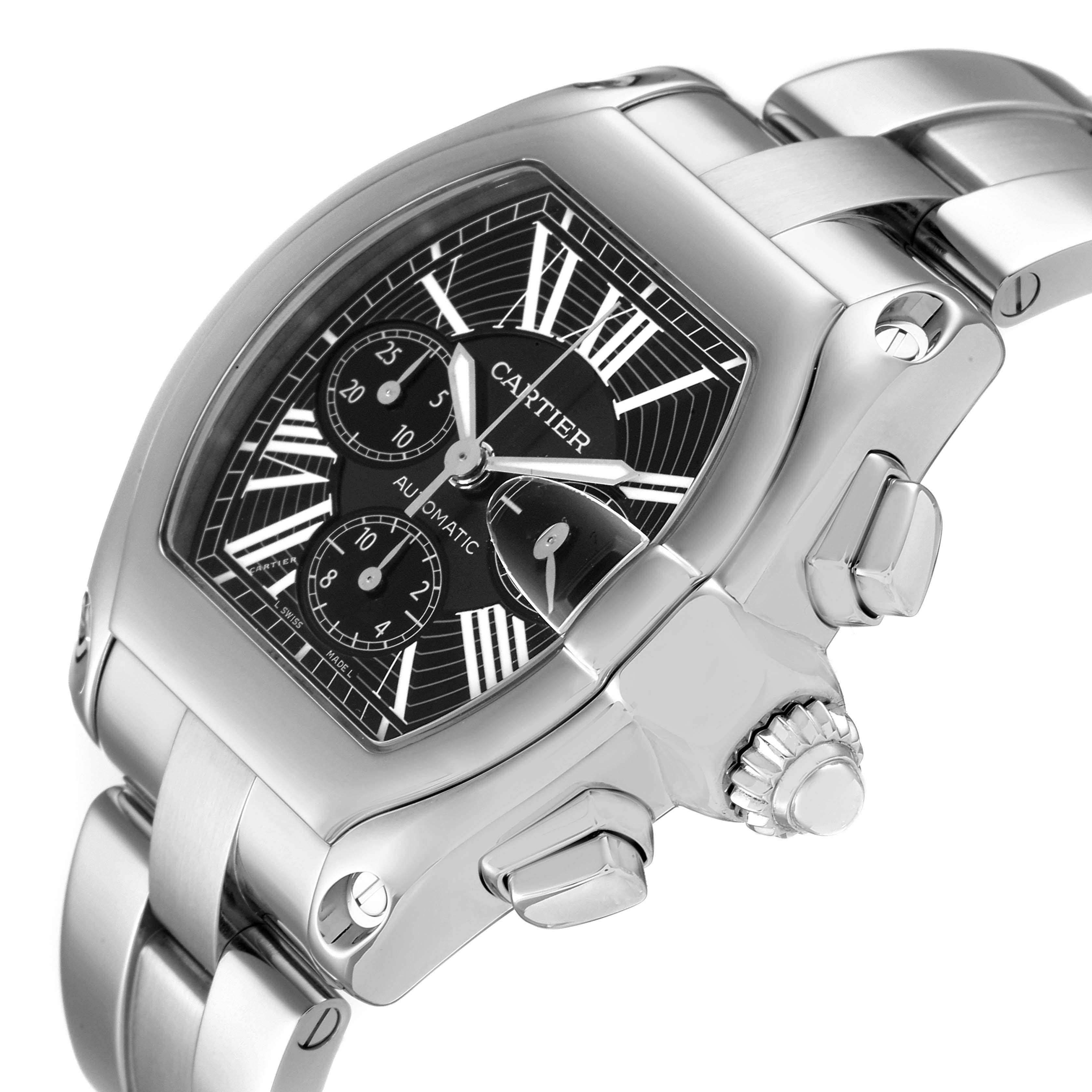 The Roadster model by Cartier is shown at a side angle, highlighting the dial, crown, and stainless steel bracelet.