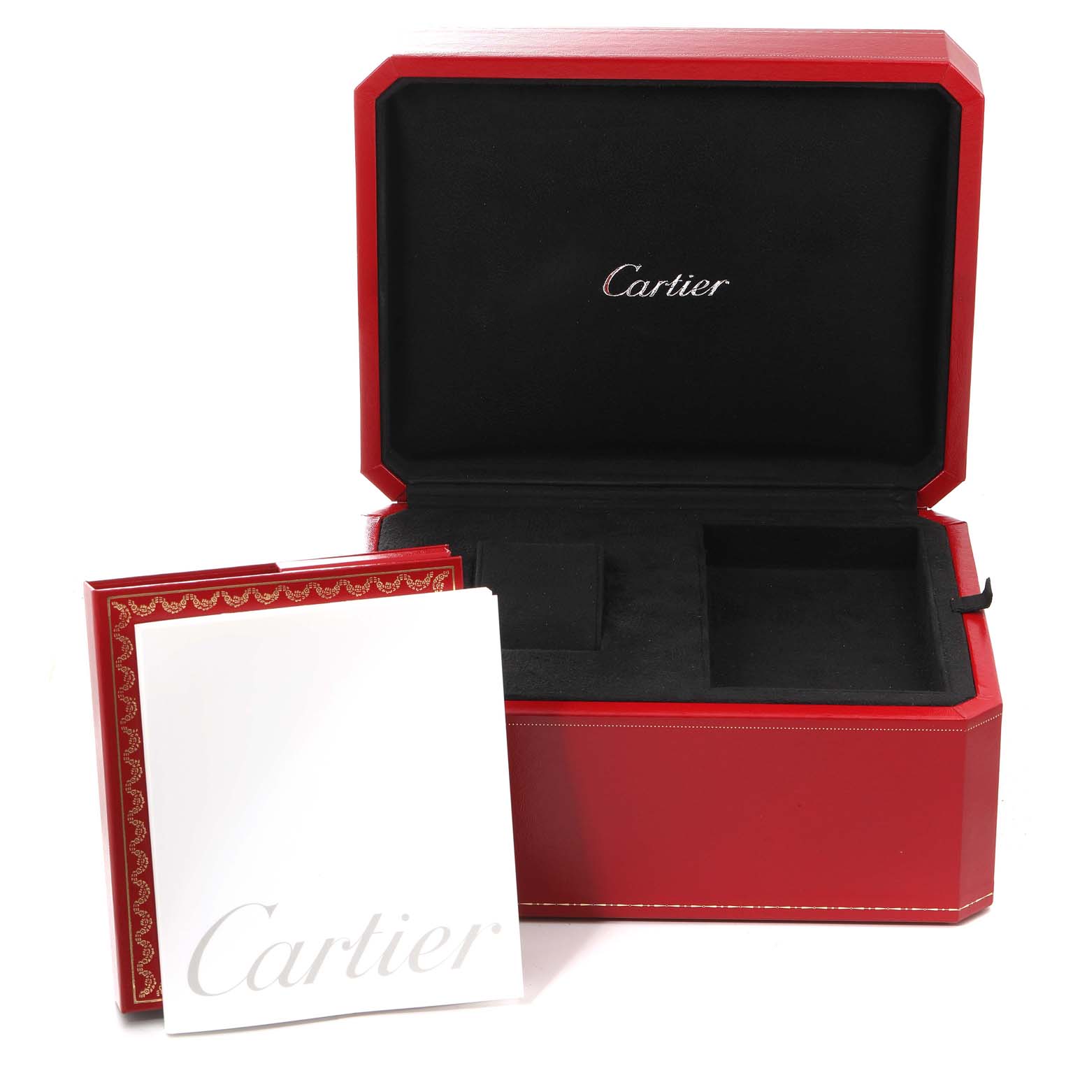 The image shows a Cartier Roadster W62020X6 Men's Stainless Steel Black Dial W62020X6 Men's Stainless Steel Black Dial watch box and booklet from a front angle.