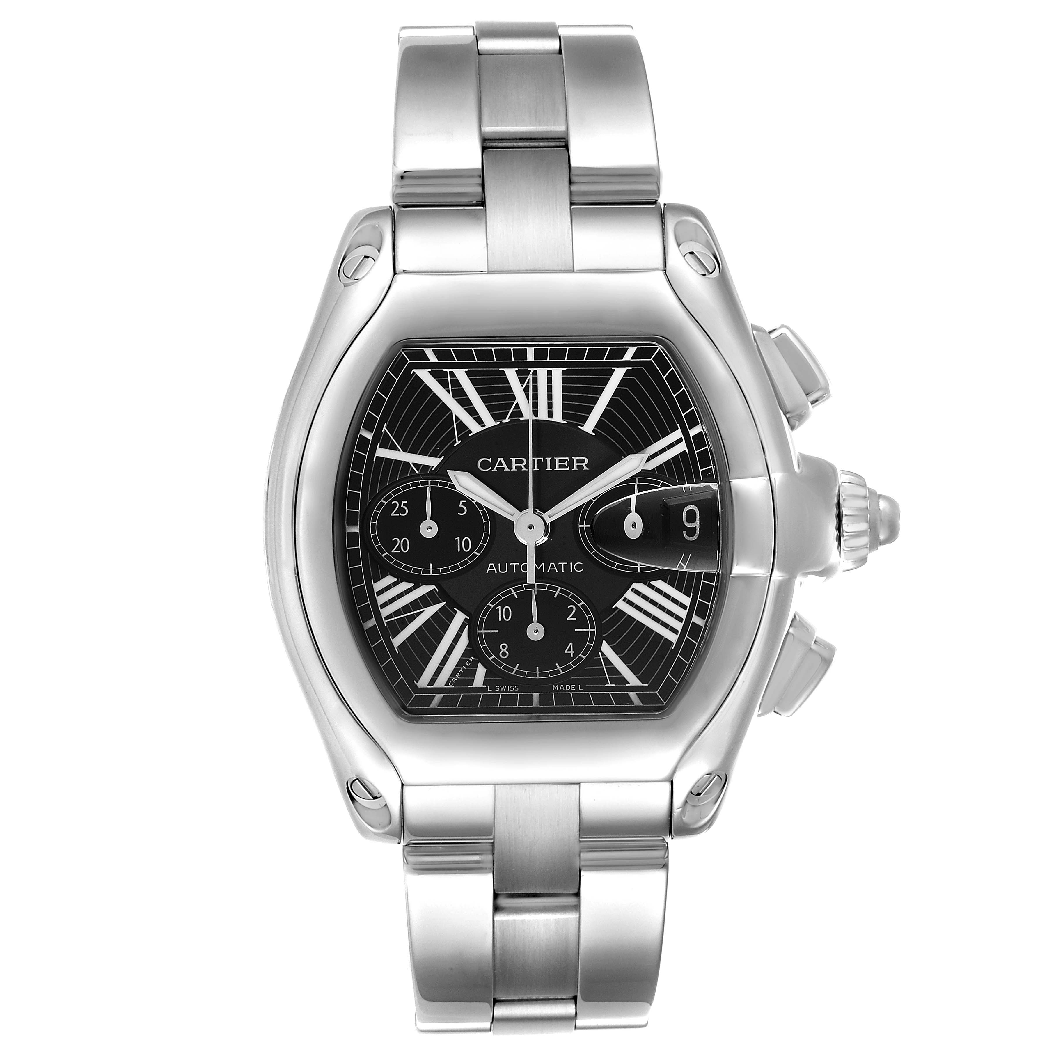 This image shows a front view of the Cartier Roadster W62020X6 Men's Stainless Steel Black Dial W62020X6 Men's Stainless Steel Black Dial model watch, highlighting the dial, bracelet, and crown.