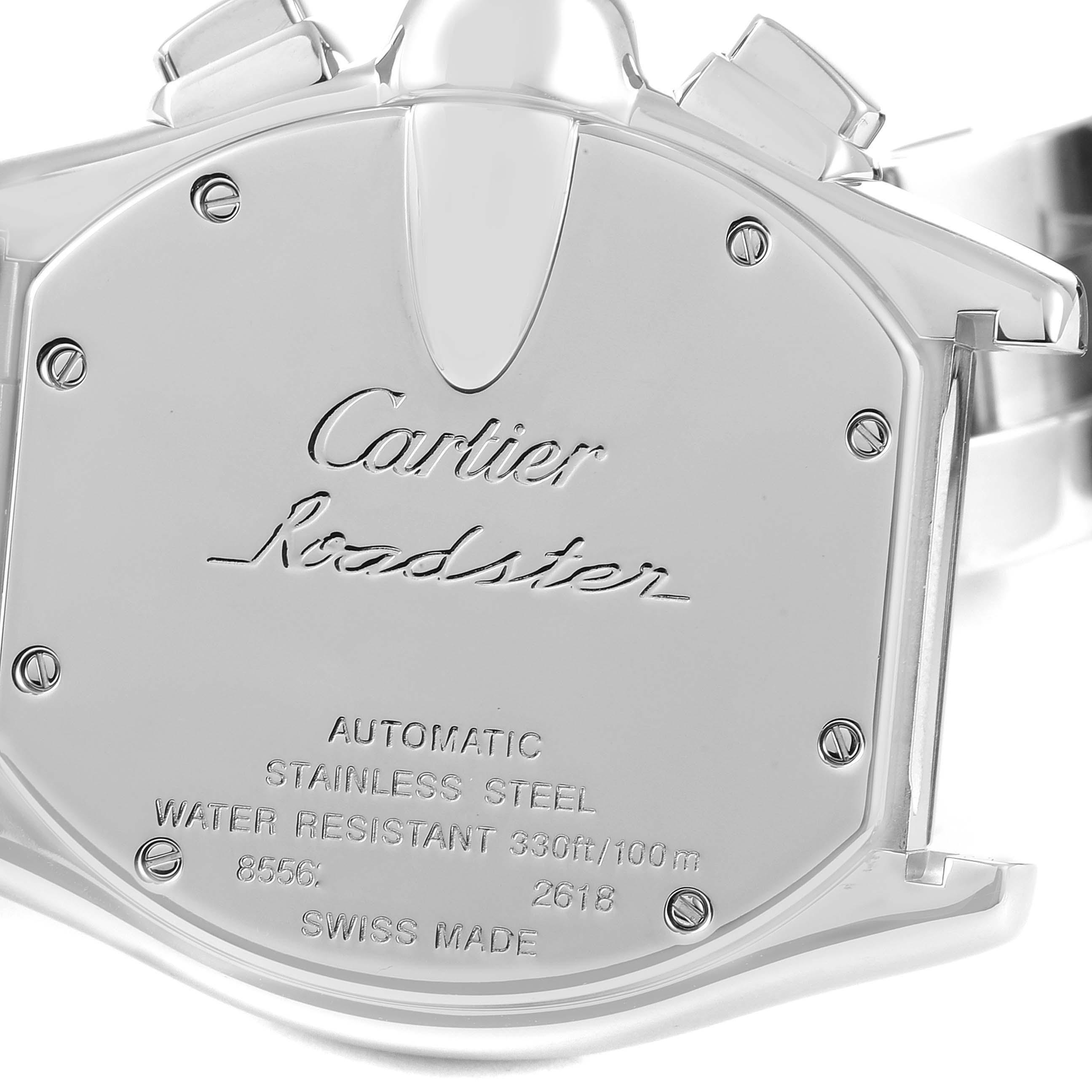The image shows the back case of the Cartier Roadster W62020X6 Men's Stainless Steel Black Dial W62020X6 Men's Stainless Steel Black Dial watch, displaying engravings and specifications.