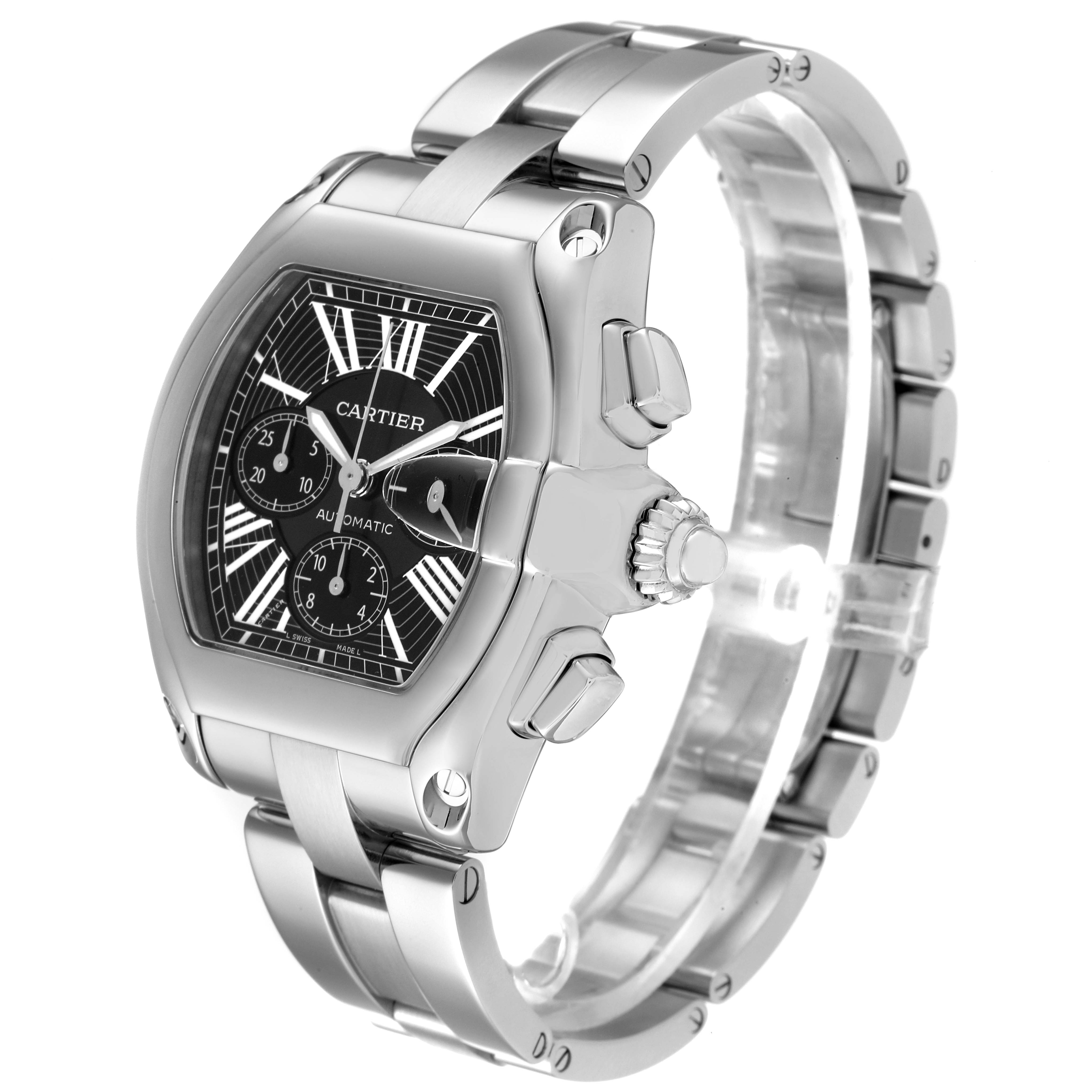 The image shows a Cartier Roadster W62020X6 Men's Stainless Steel Black Dial W62020X6 Men's Stainless Steel Black Dial watch from a side angle, highlighting its bracelet, dial, crown, and pushers.