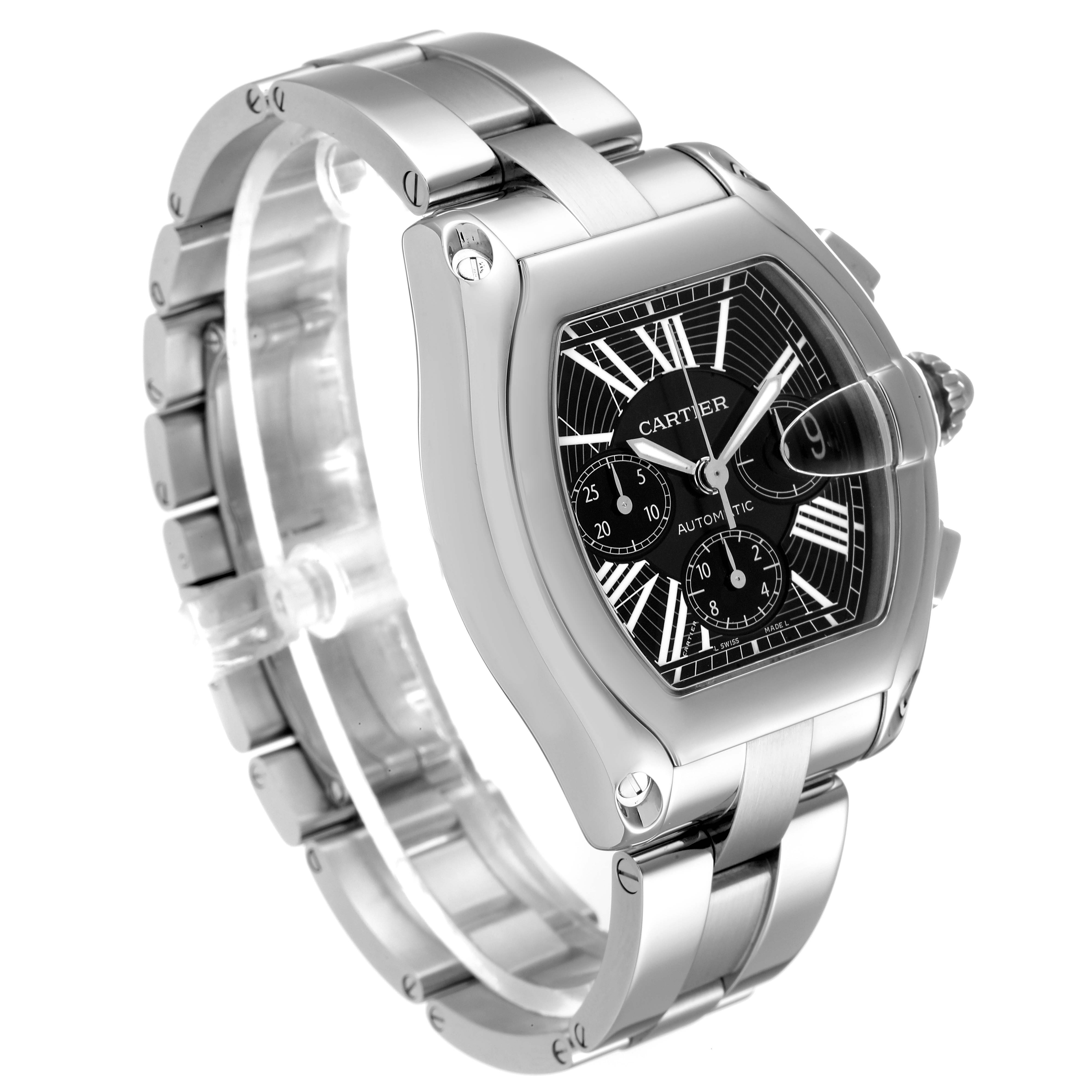 This Cartier Roadster W62020X6 Men's Stainless Steel Black Dial W62020X6 Men's Stainless Steel Black Dial watch is shown at a three-quarter angle, highlighting its face, bracelet, and crown.
