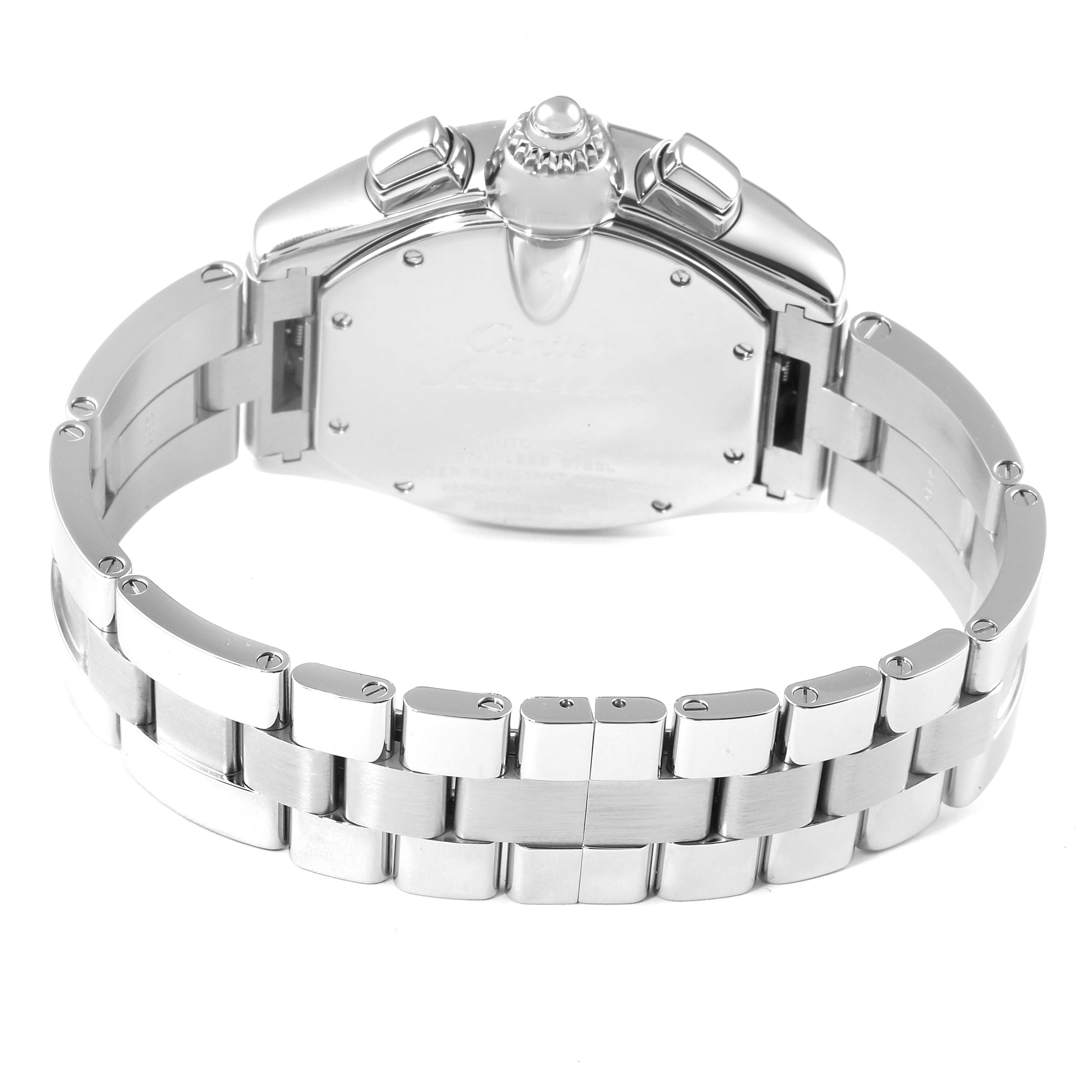 The image shows the back case and bracelet of the Cartier Roadster W62020X6 Men's Stainless Steel Black Dial W62020X6 Men's Stainless Steel Black Dial watch from a rear angle.