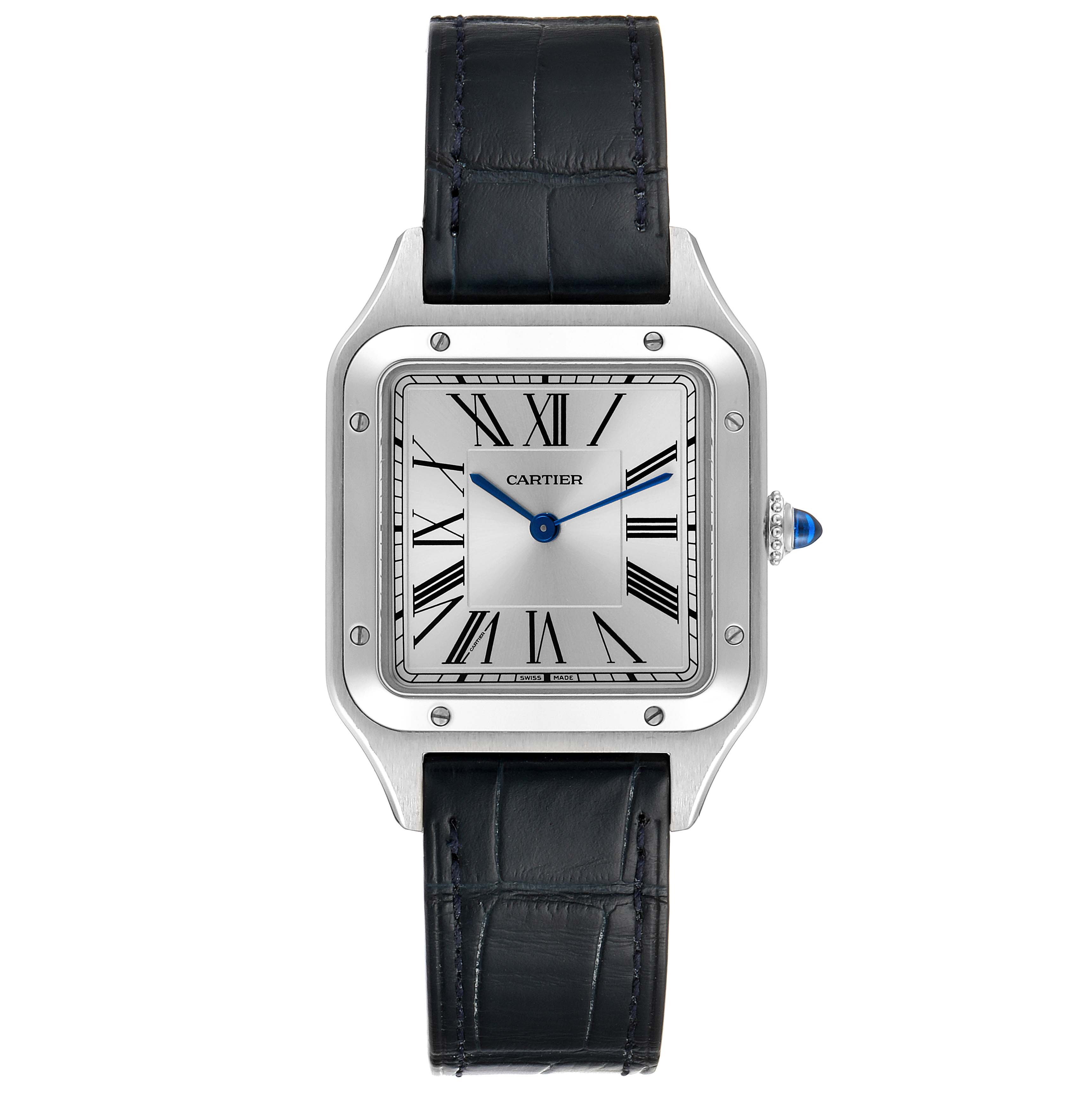 The Cartier Santos Dumont WSSA0022 Men
s Stainless Steel Silver Dial WSSA0022 Men
s Stainless Steel Silver Dial watch is shown from a front angle, displaying its face, bezel, and black leather strap.