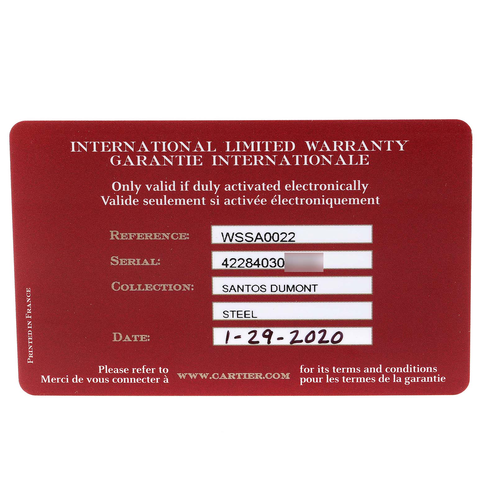 This is an image of the international warranty card for the Santos Dumont model by Cartier.