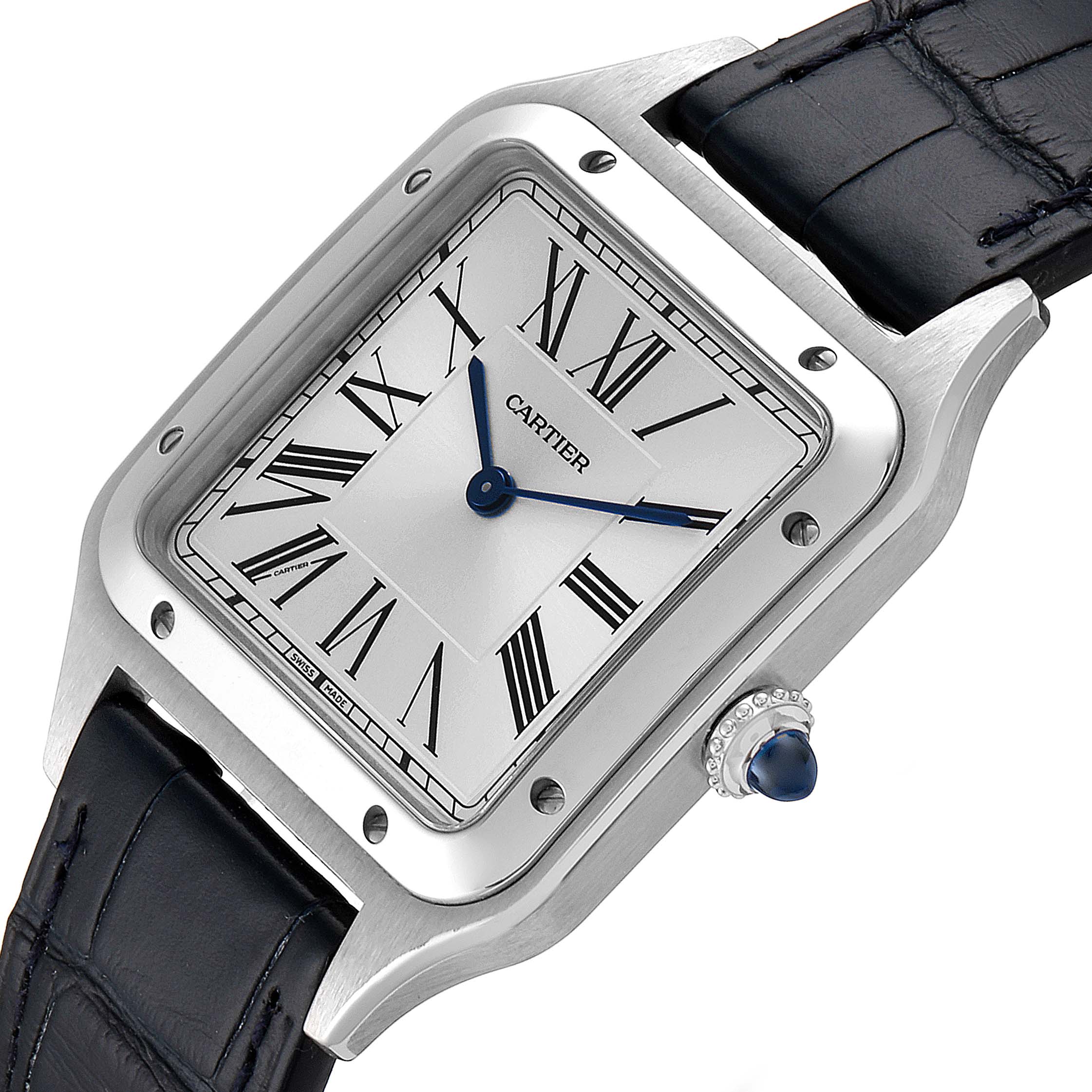 The image shows a close-up angle of the Santos Dumont watch by Cartier, highlighting the face, bezel, and part of the strap.