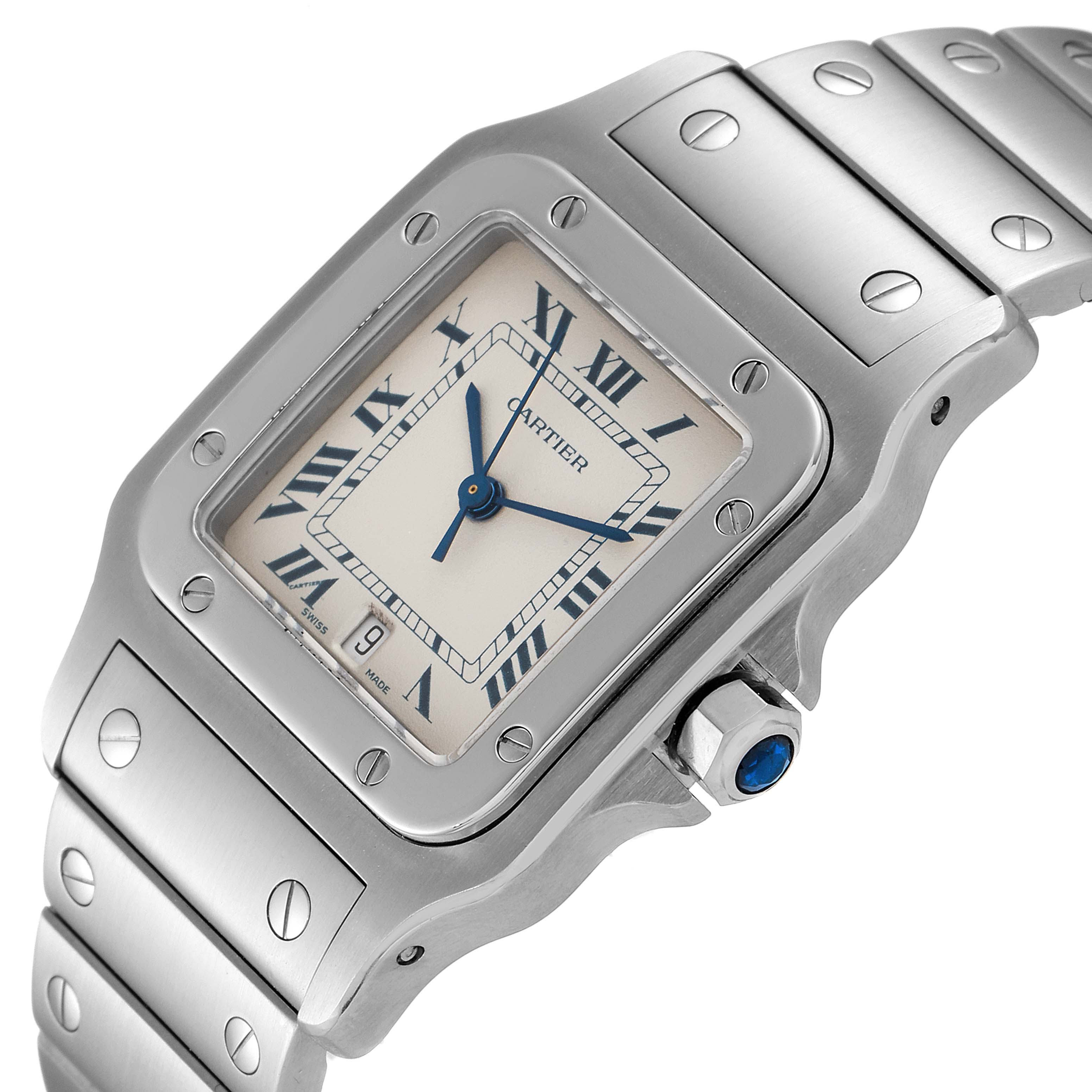 This image shows a close-up, angled view of the Cartier Santos 987901 Women's Stainless Steel Silver Dial 987901 Women's Stainless Steel Silver Dial watch, highlighting its face, bezel, and part of the bracelet.