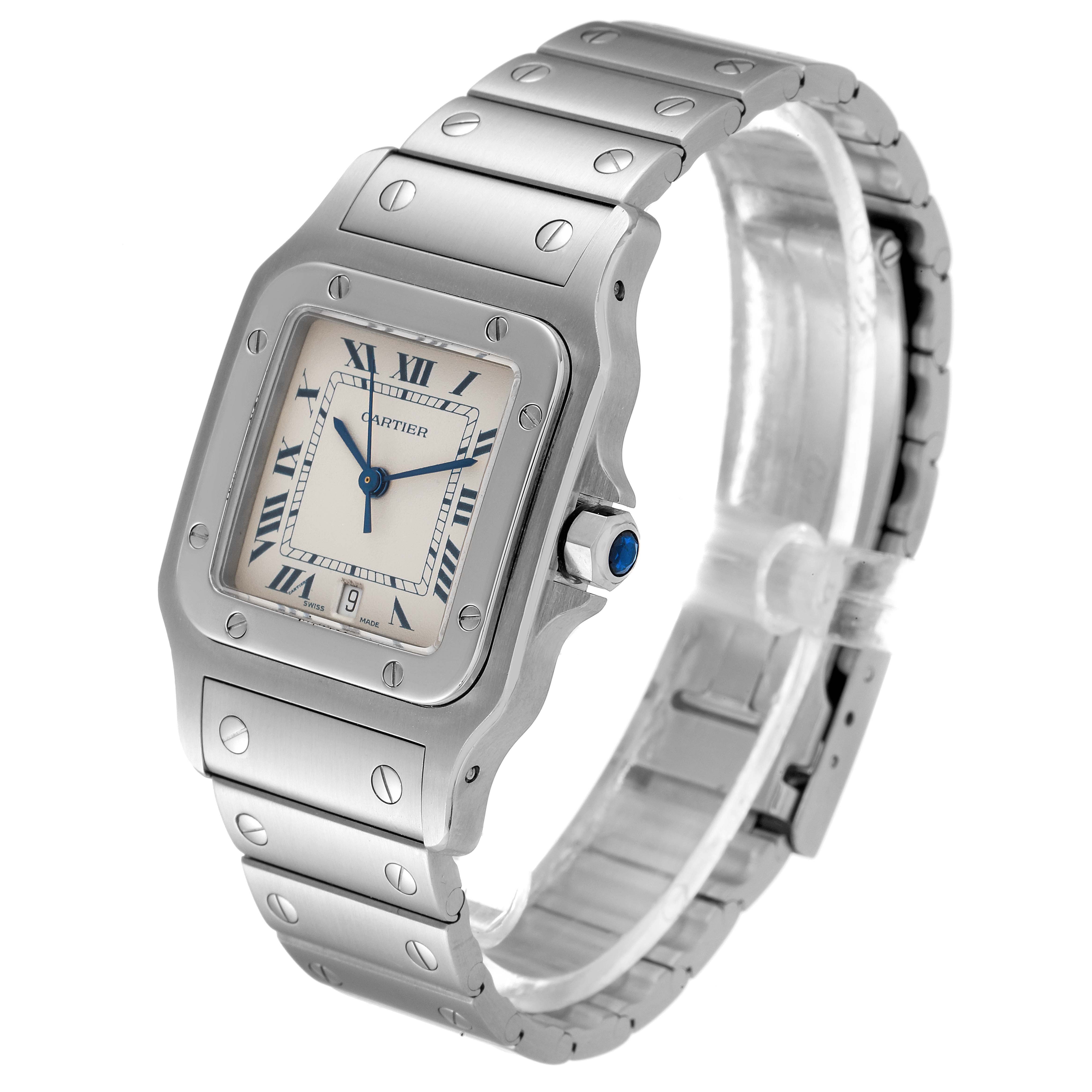 The image displays a Santos model by Cartier from a front-left angle, showing its face, bezel, and bracelet.
