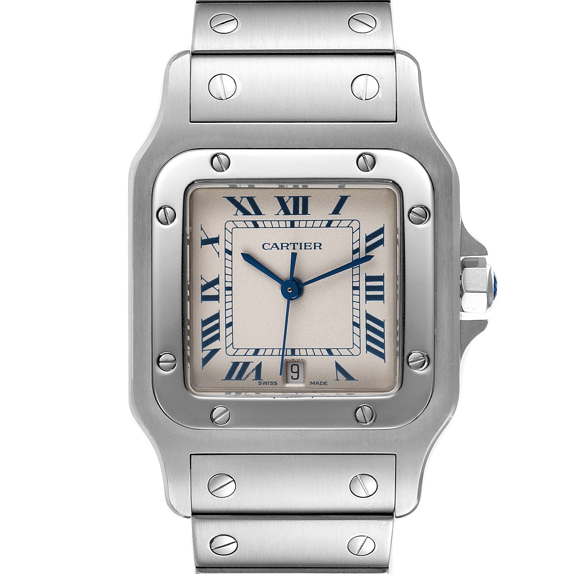 The image shows a close-up of the Cartier Santos 987901 Women's Stainless Steel Silver Dial 987901 Women's Stainless Steel Silver Dial watch face, bezel, crown, and part of the bracelet.