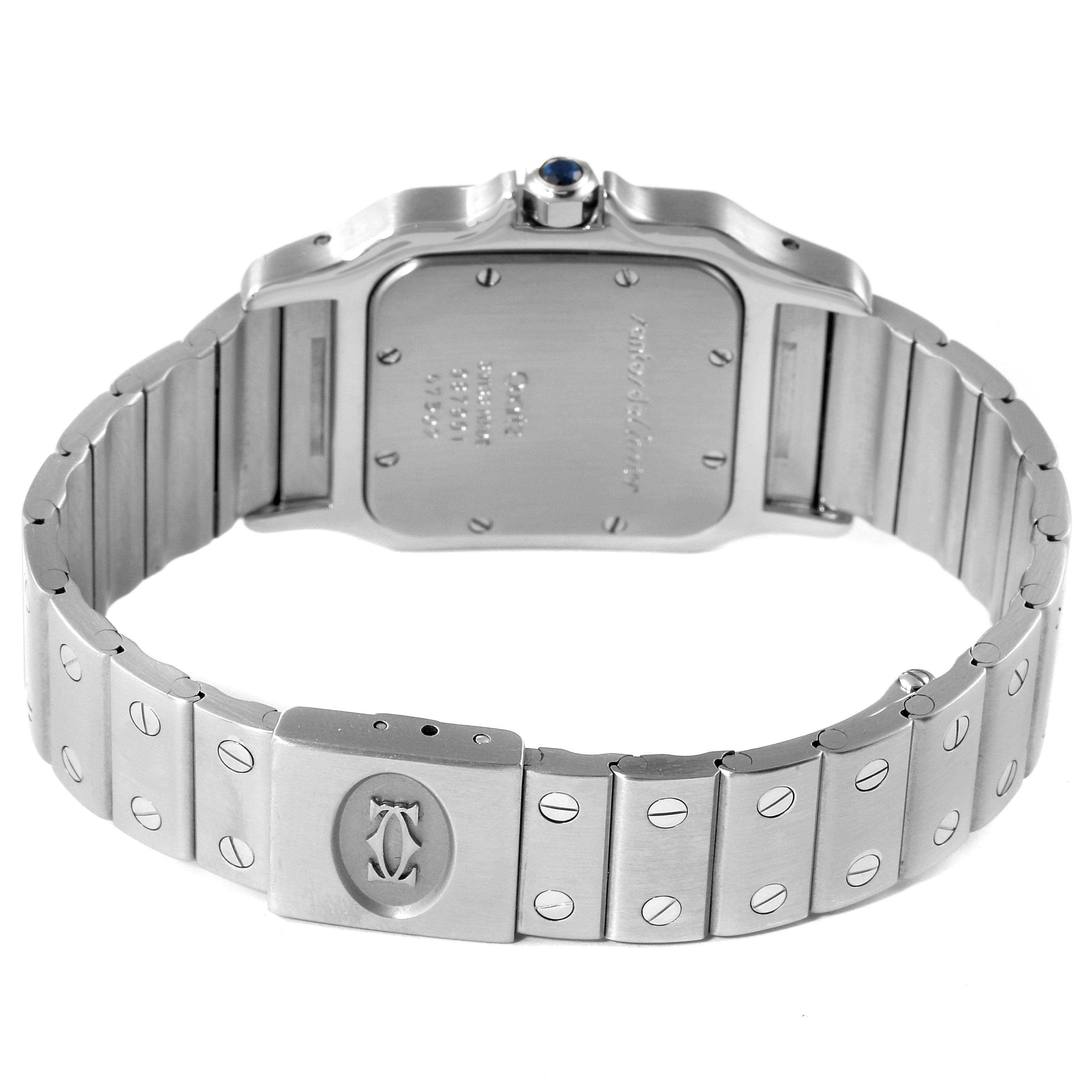 This image shows the back view of a Cartier Santos 987901 Women's Stainless Steel Silver Dial 987901 Women's Stainless Steel Silver Dial watch, displaying the case back and metal bracelet clasp.