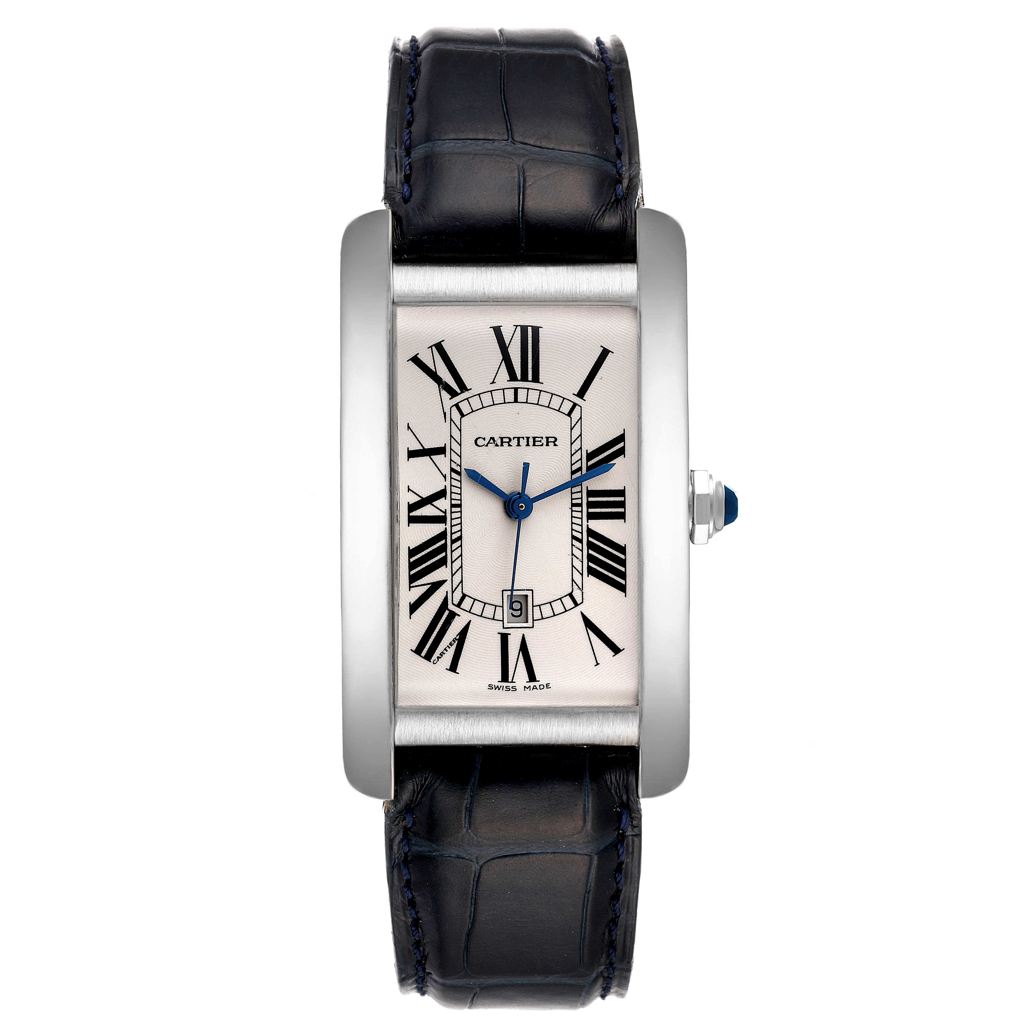 The image shows a front view of a Tank Américaine watch by Cartier, displaying the dial, hands, and leather strap.
