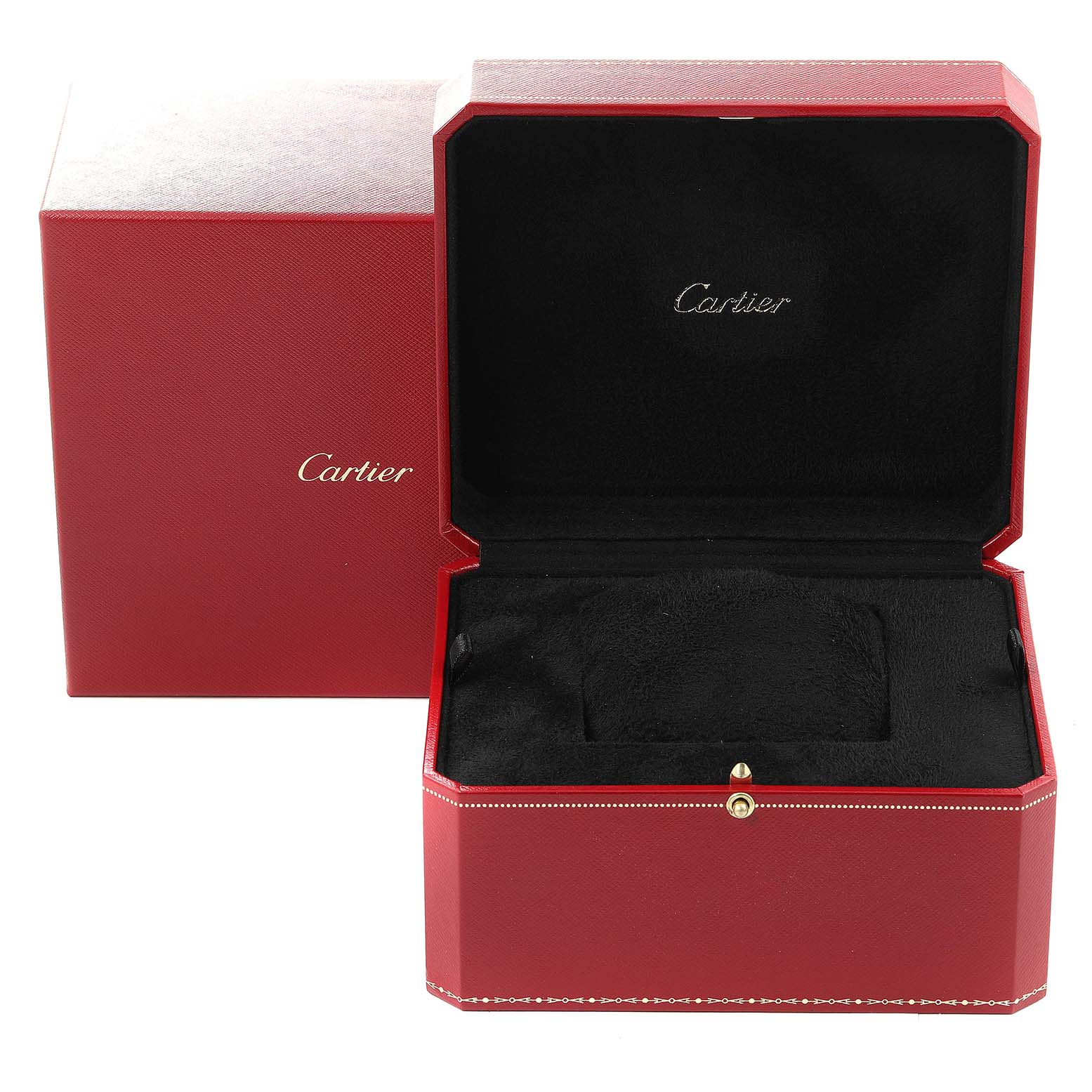 This image shows an open Cartier box for the Tank Americaine model, with a cushioned interior and red exterior.