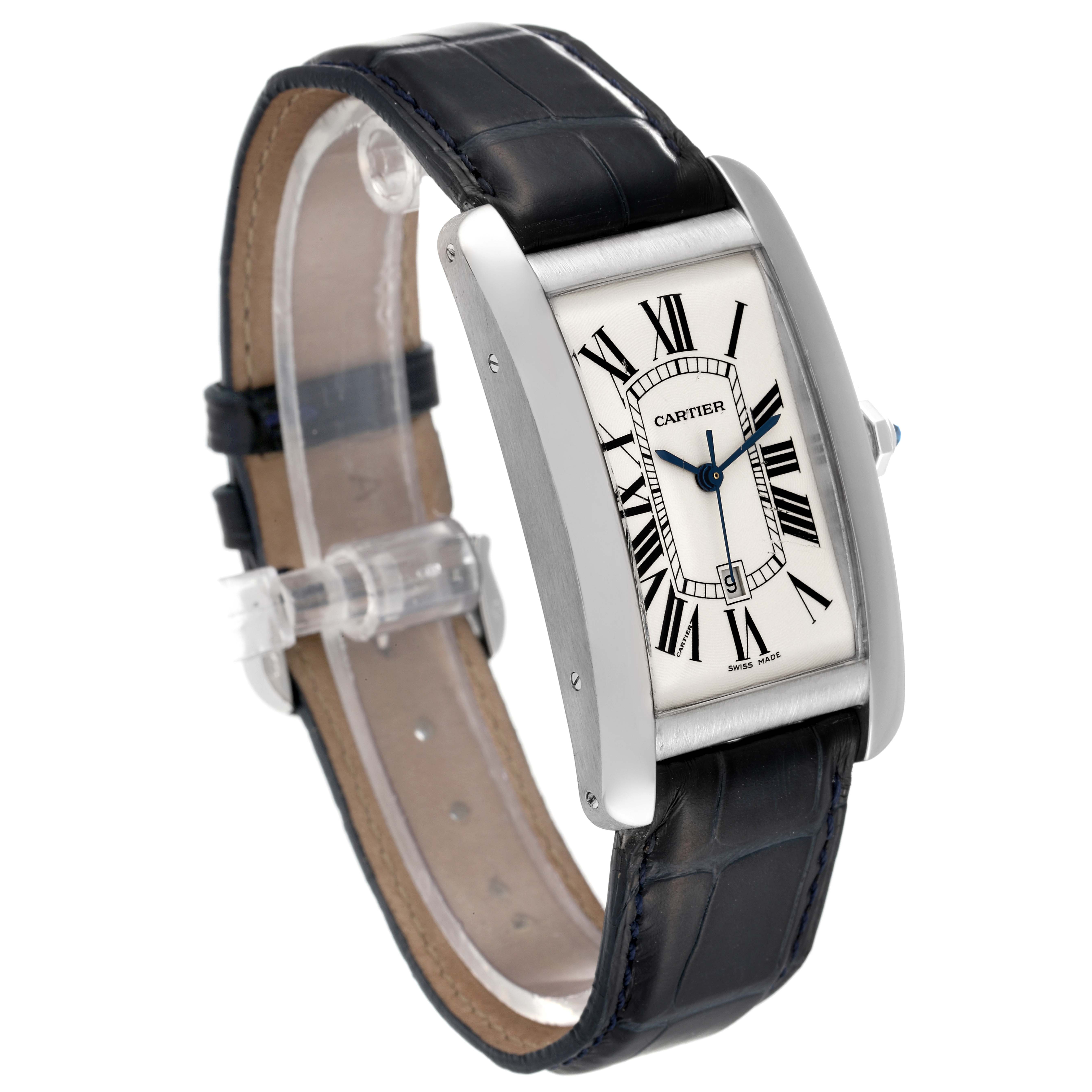 The image shows a side angle of the Cartier Tank Americaine W2603256 Men's White Gold Silver Dial W2603256 Men's White Gold Silver Dial watch, highlighting its rectangular face and black strap.