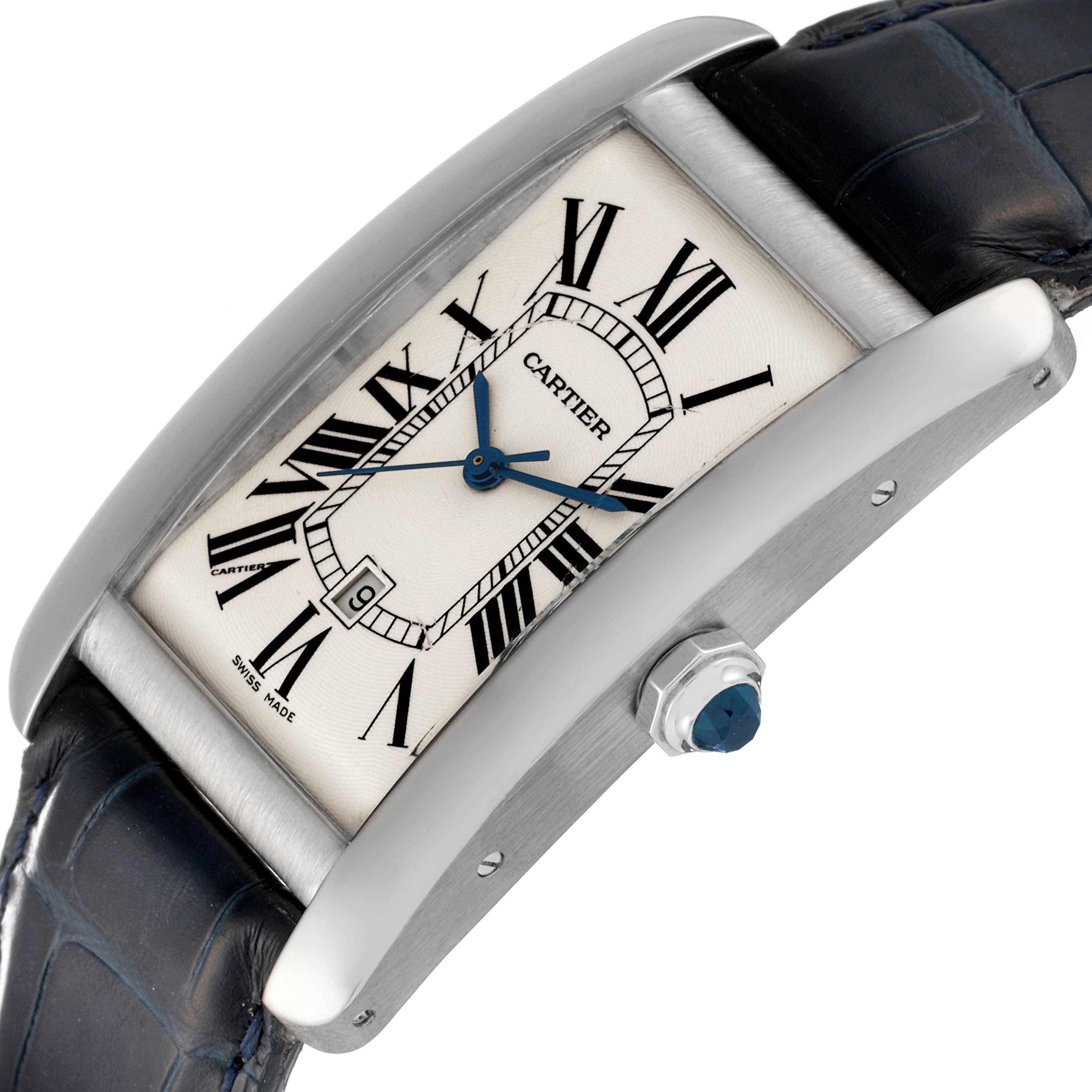 This image shows the Cartier Tank Américaine watch at an angled side view, highlighting its dial, crown, and strap.