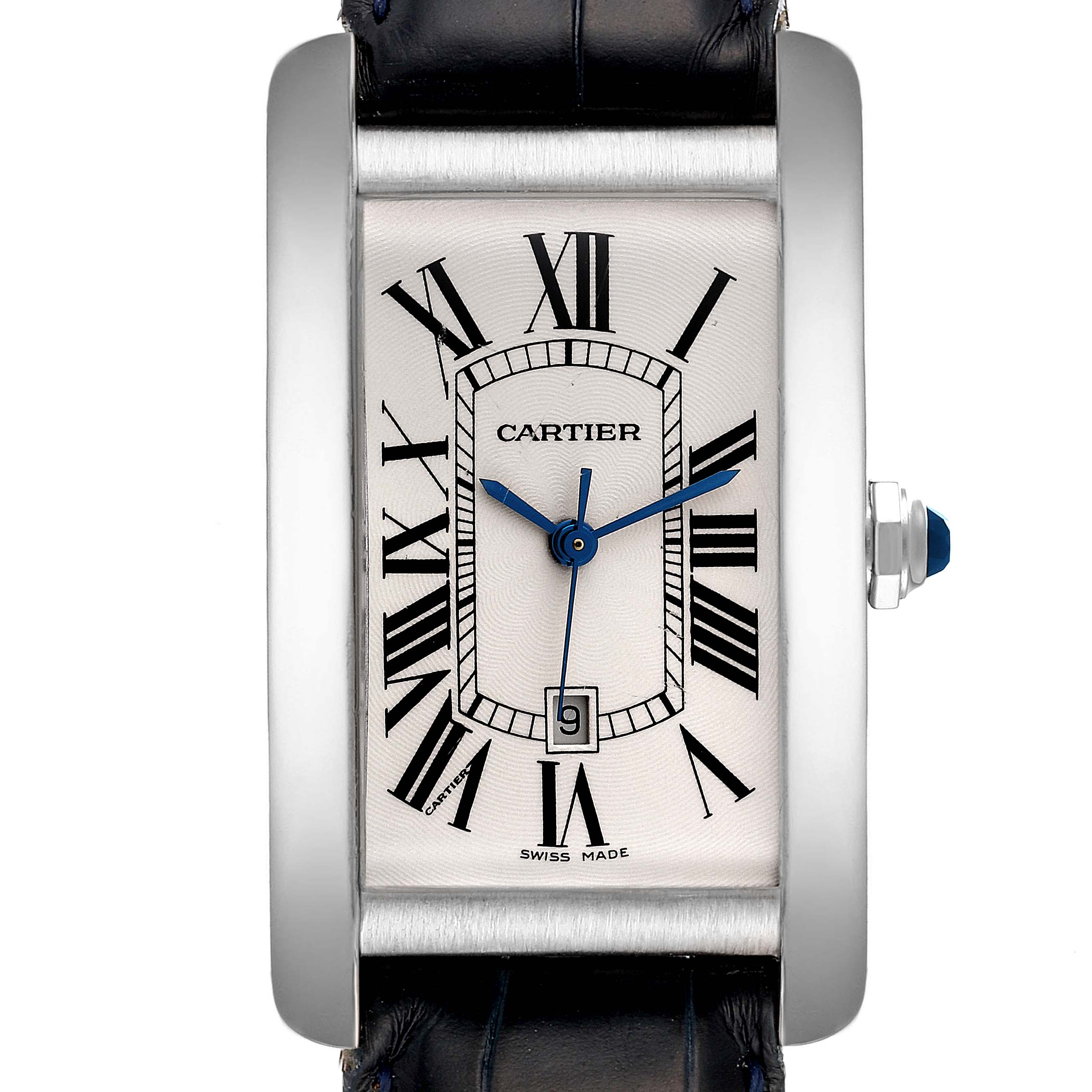 The Cartier Tank Americaine W2603256 Men's White Gold Silver Dial W2603256 Men's White Gold Silver Dial watch is shown from a top-down angle, highlighting its rectangular face, Roman numerals, and blue hands.