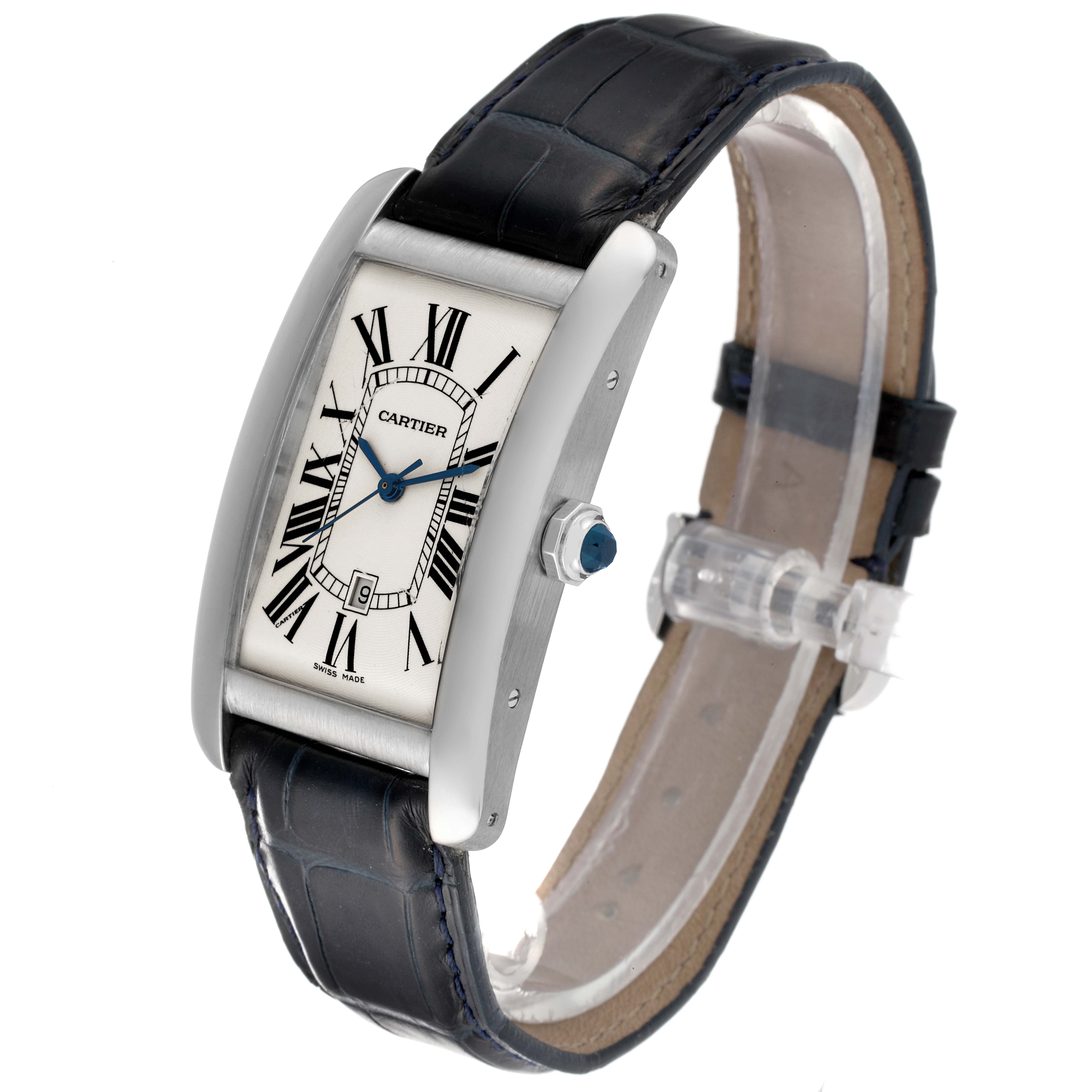 This image shows the Cartier Tank Americaine W2603256 Men's White Gold Silver Dial W2603256 Men's White Gold Silver Dial watch from an angled side view, highlighting the watch face, strap, and crown.