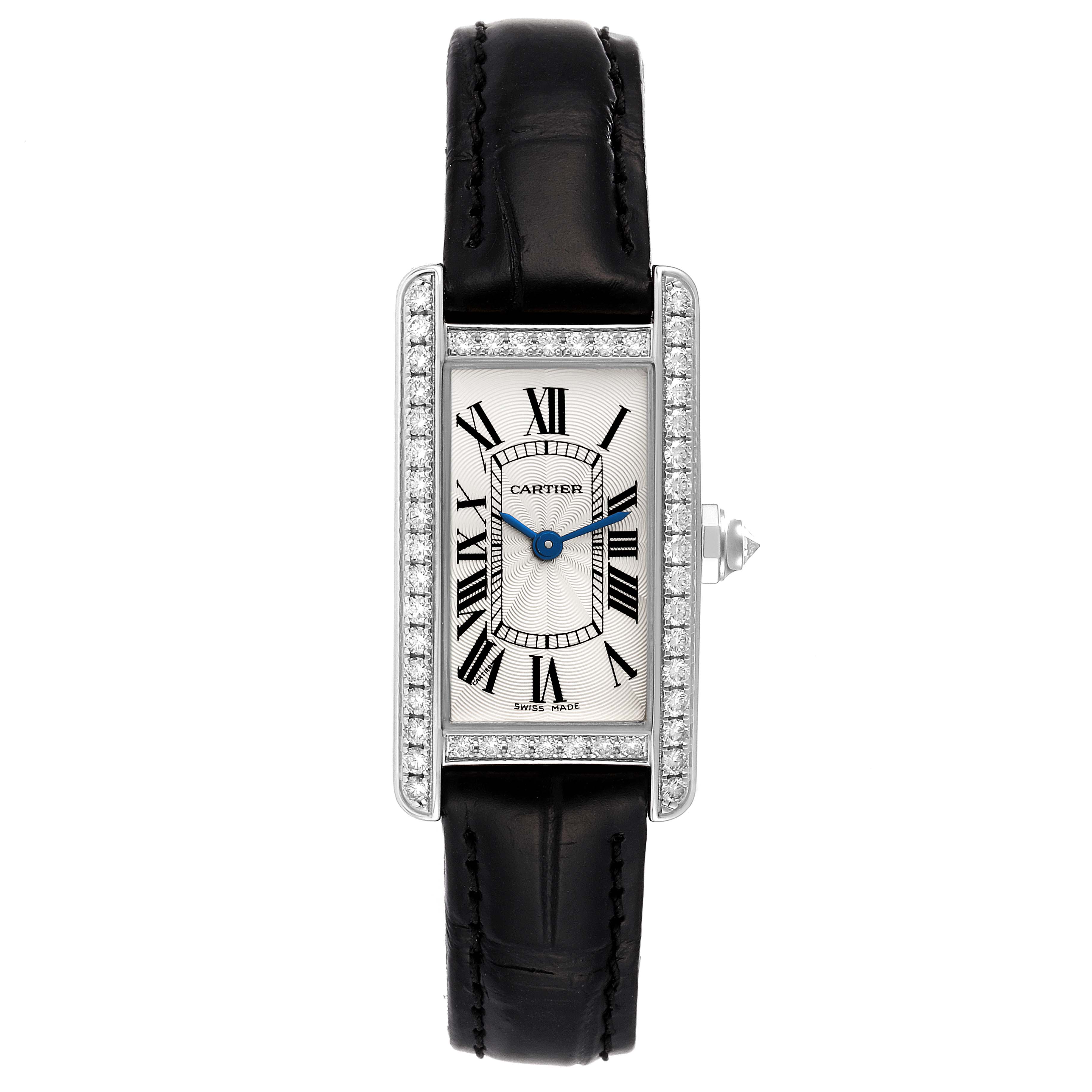 A front view of the Cartier Tank Americaine 2489 Women's White Gold Silver Dial 2489 Women's White Gold Silver Dial watch showing the rectangular dial, Roman numerals, leather strap, and diamond-encrusted bezel.