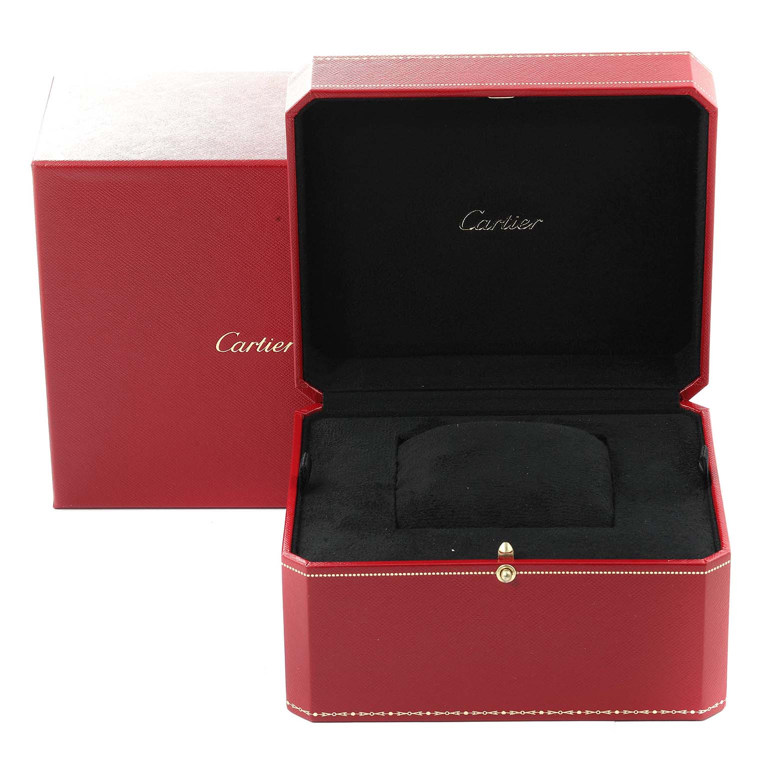 This image shows the packaging for a Cartier Tank Américaine watch, including an open red box with black interior.