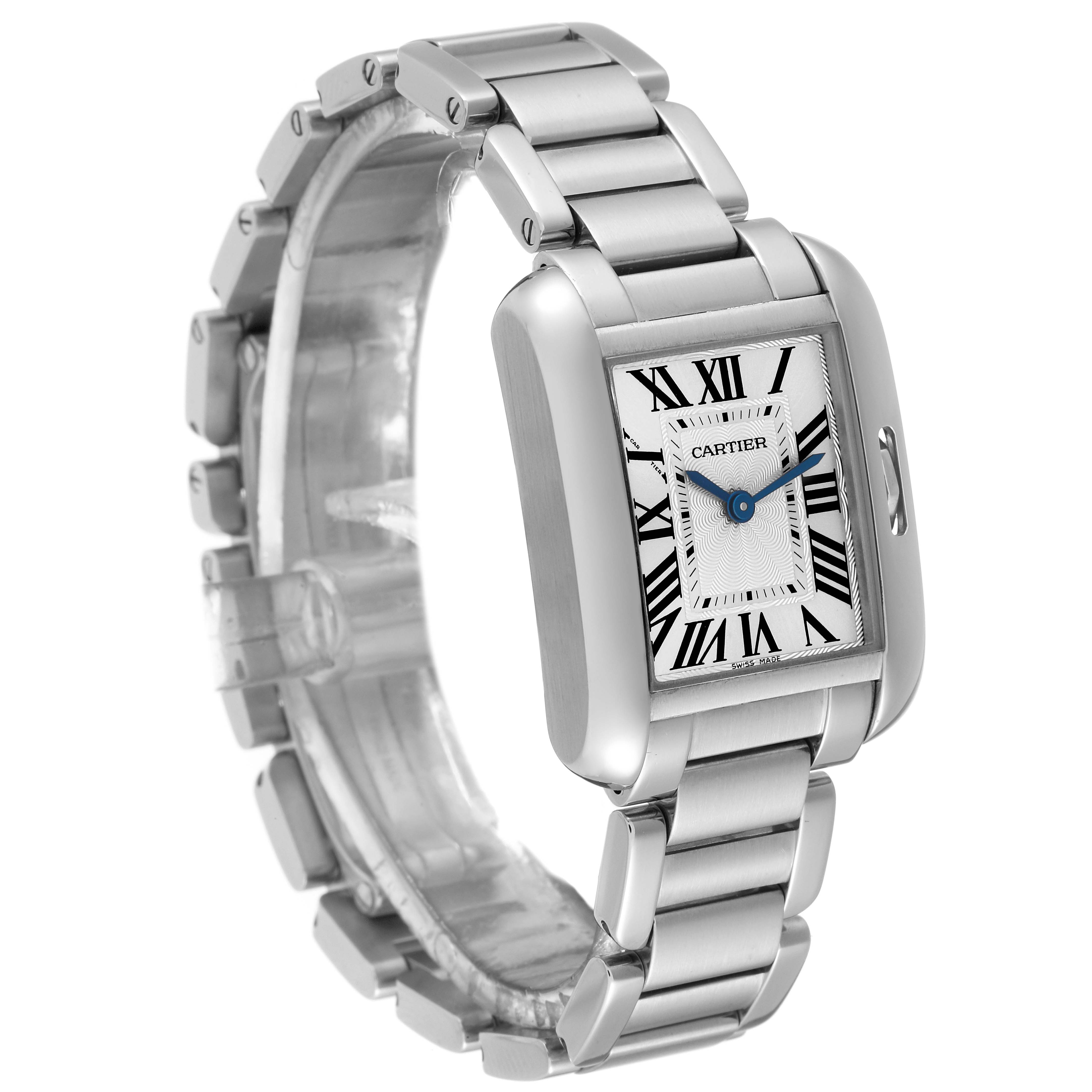This image shows a Cartier Tank Anglaise W5310022 Women's Stainless Steel Silver Dial W5310022 Women's Stainless Steel Silver Dial watch from a front angle, highlighting the face and metal bracelet.