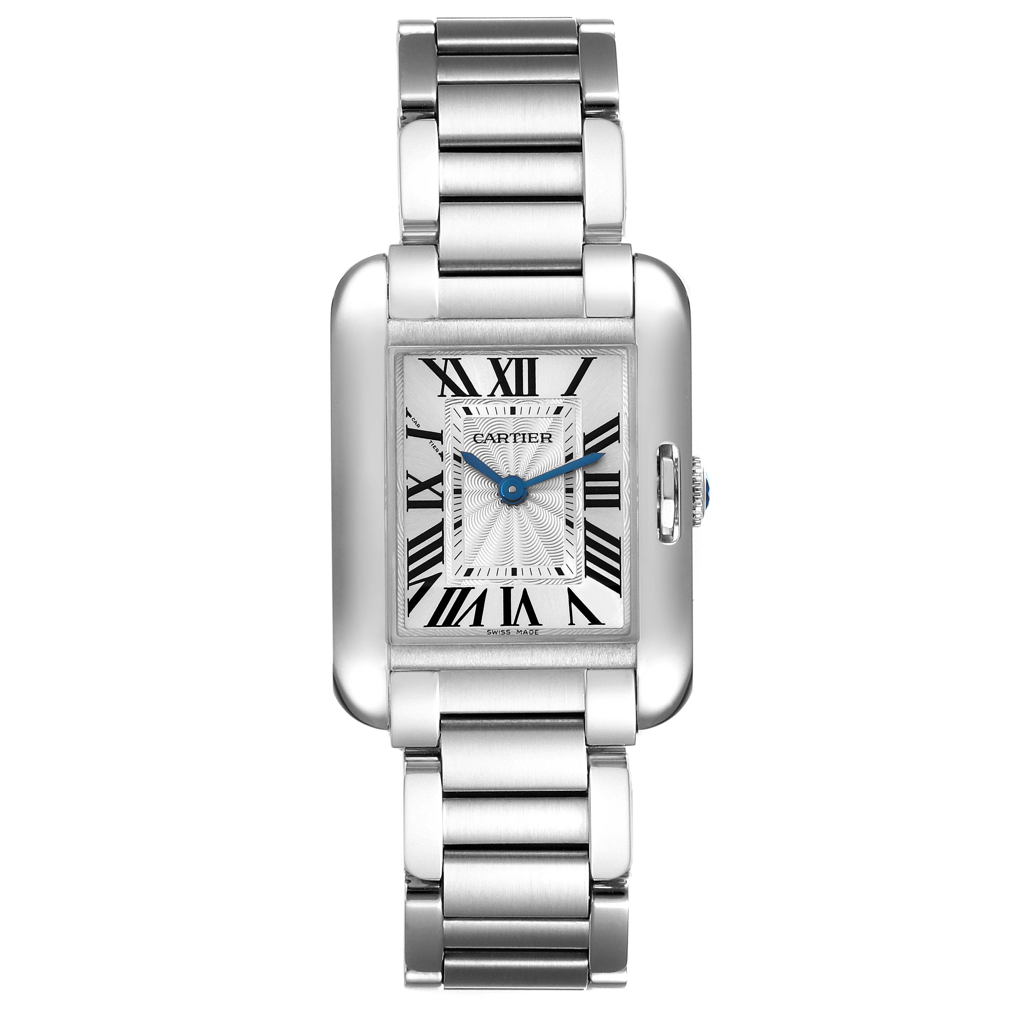The image shows a front view of the Cartier Tank Anglaise W5310022 Women's Stainless Steel Silver Dial W5310022 Women's Stainless Steel Silver Dial watch, highlighting its rectangular dial and stainless steel bracelet.