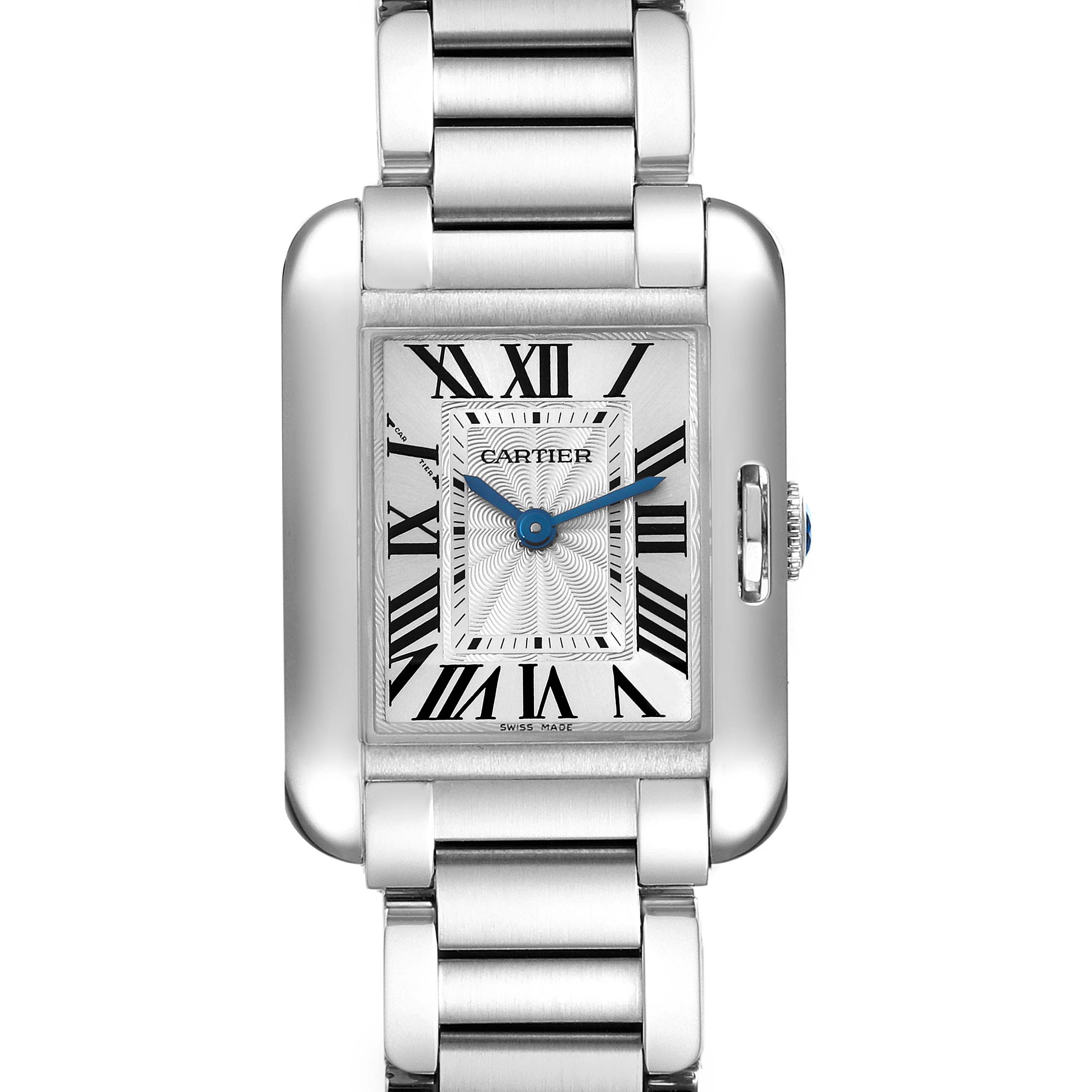 This image shows a frontal view of the Cartier Tank Anglaise W5310022 Women's Stainless Steel Silver Dial W5310022 Women's Stainless Steel Silver Dial watch, highlighting its rectangular dial and stainless steel bracelet.
