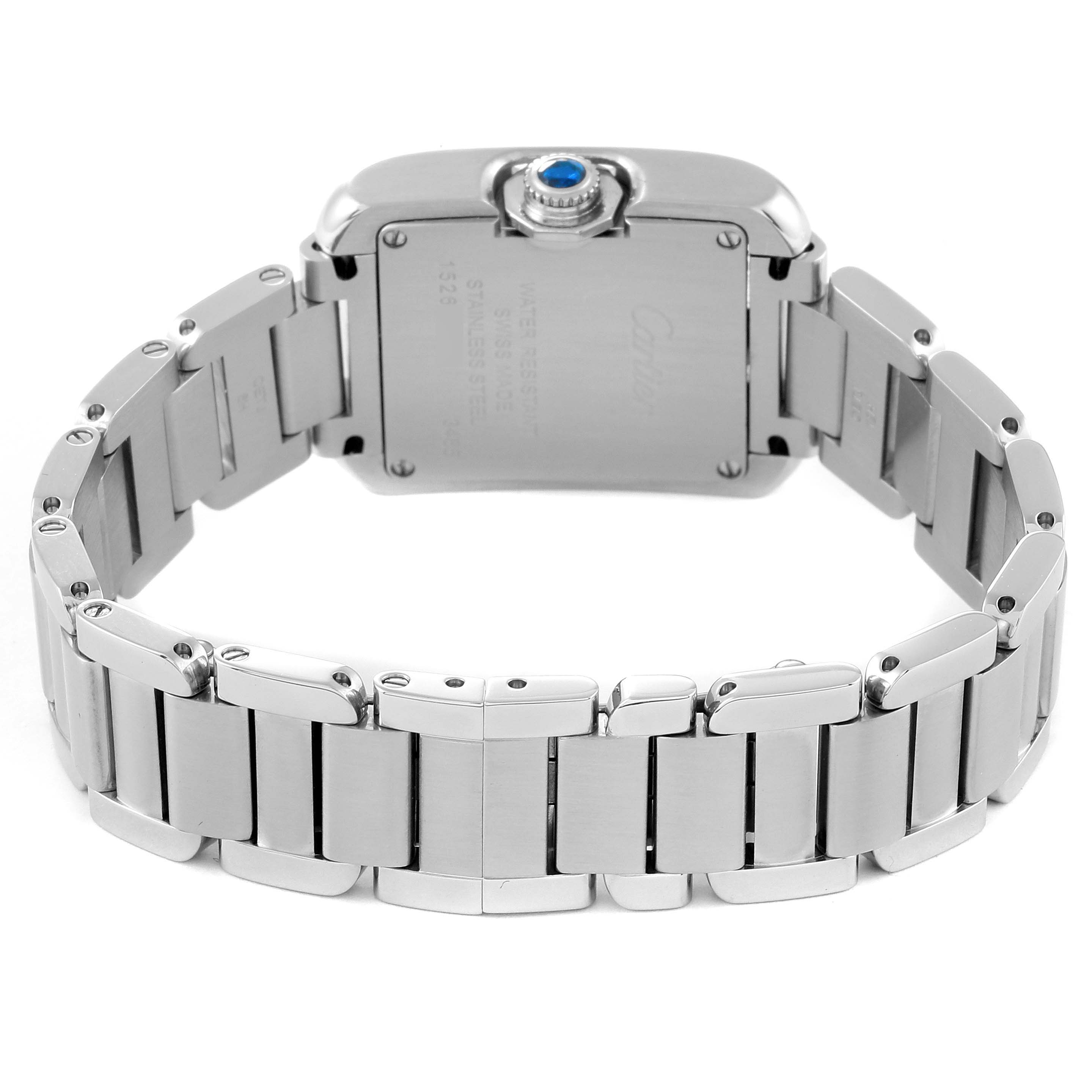 The image shows the back view of the Cartier Tank Anglaise W5310022 Women's Stainless Steel Silver Dial W5310022 Women's Stainless Steel Silver Dial watch, focusing on its caseback and stainless steel bracelet.