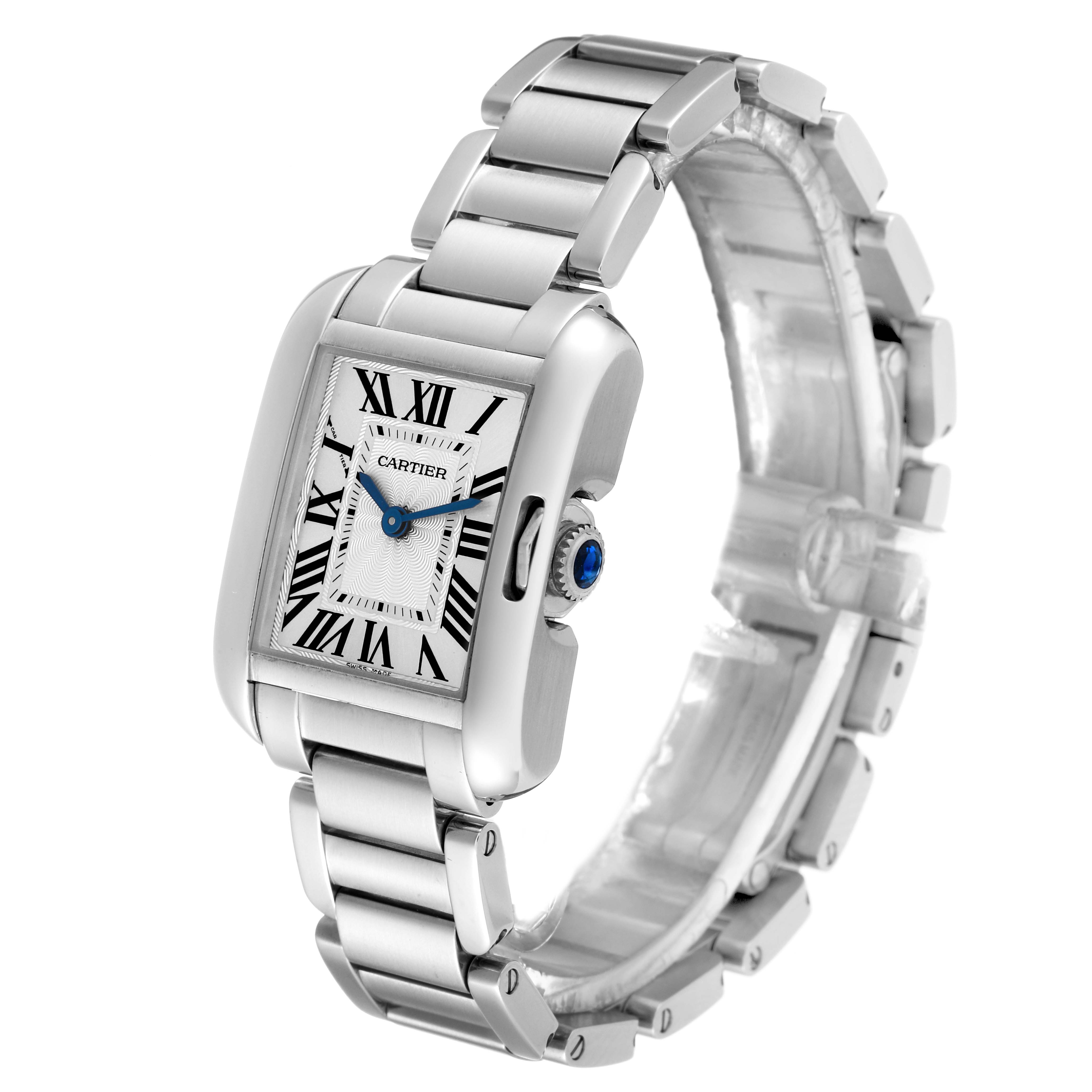 The image shows a Tank Anglaise model by Cartier from a front angle, highlighting its dial, bracelet, and crown.