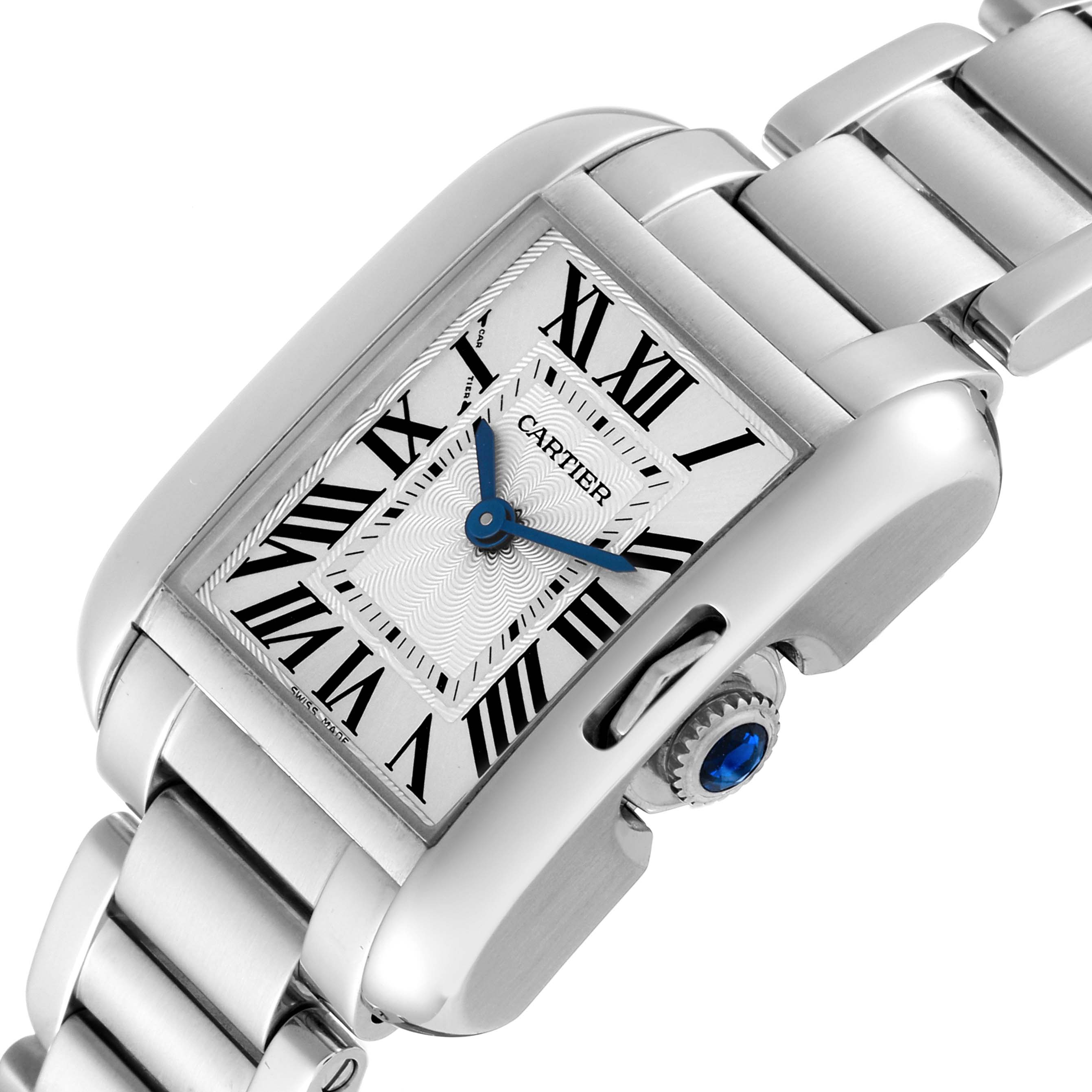The image shows a close-up angle of the Cartier Tank Anglaise W5310022 Women's Stainless Steel Silver Dial W5310022 Women's Stainless Steel Silver Dial watch, highlighting its face, bezel, crown, and part of the bracelet.