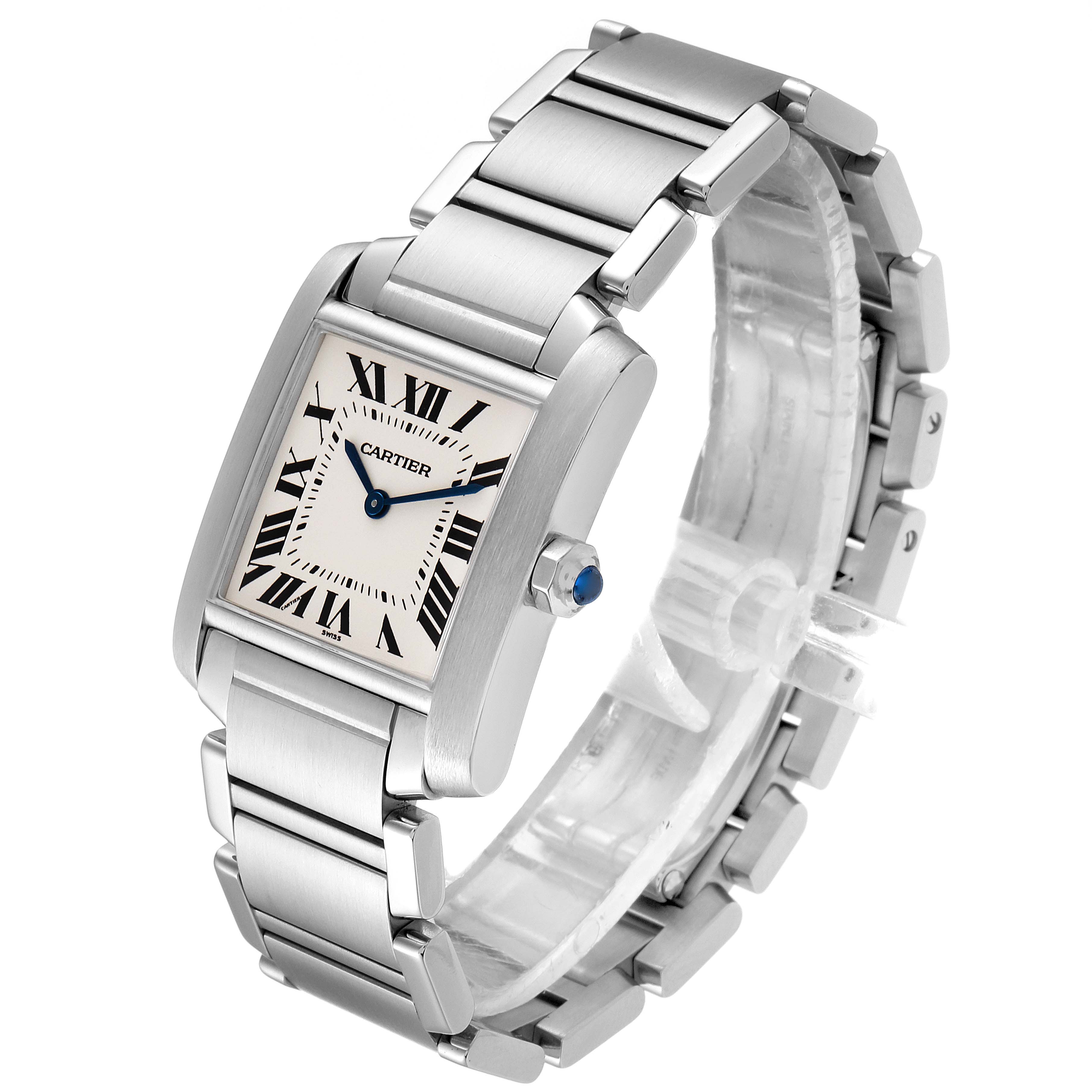 The Cartier Tank Francaise WSTA0005 Women
s Stainless Steel Silver Dial WSTA0005 Women
s Stainless Steel Silver Dial is shown from an angled front view, displaying its rectangular face, crown, and metal bracelet.